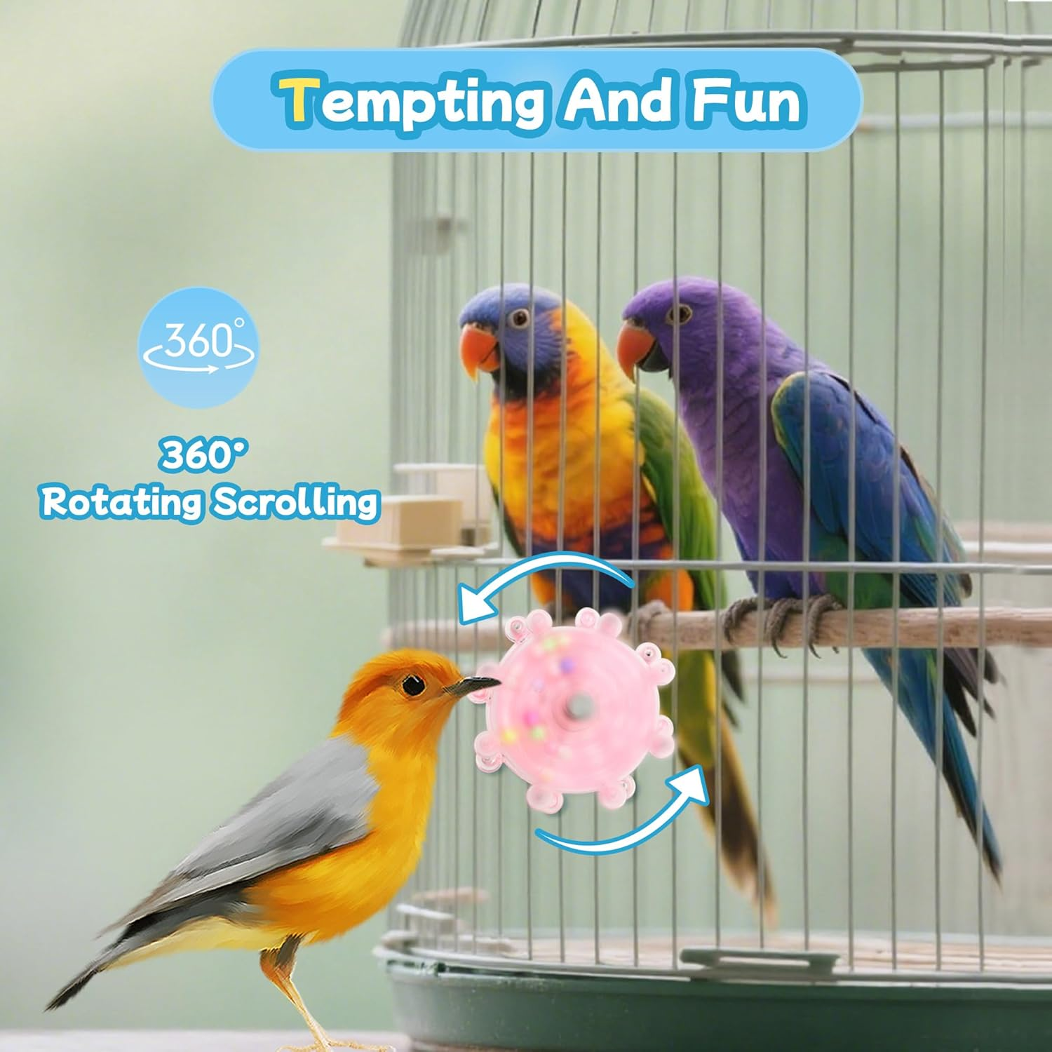 2 Colors Bird Toys for Parrots, Small Bird Cage Toys with Spinning Rattle, Hanging Roller Parakeet Cage Accessories for Chewing Exercise, Budgie Entertainment (Pink and Blue) image number 1