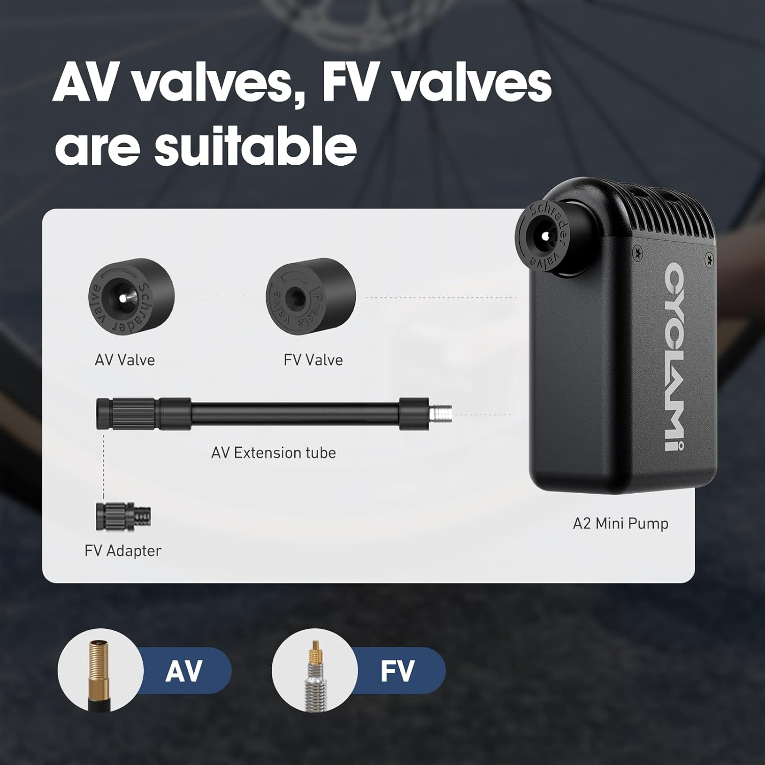 Electric Bike Pump, CYCLAMI Mini Bike Pump 100 PSI Electric Bicycle Air Pump with Digital Pressure Gauge Inflator Portable Air Compressor Presta/Schrader Valve image number 1