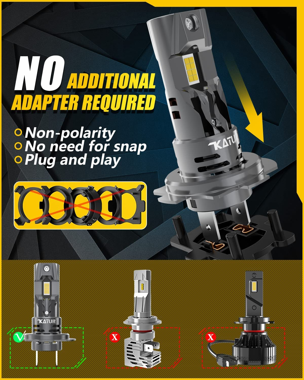 KATUR H7 LED Headlight Bulbs, 400% Brightness 16000LM 6000K Xenon White 1:1 Mini Size All-In-One Conversion Kit Non-Polarity No Adapter Required Plug and Play H7 LED Fog Light Bulb, Pack of 2