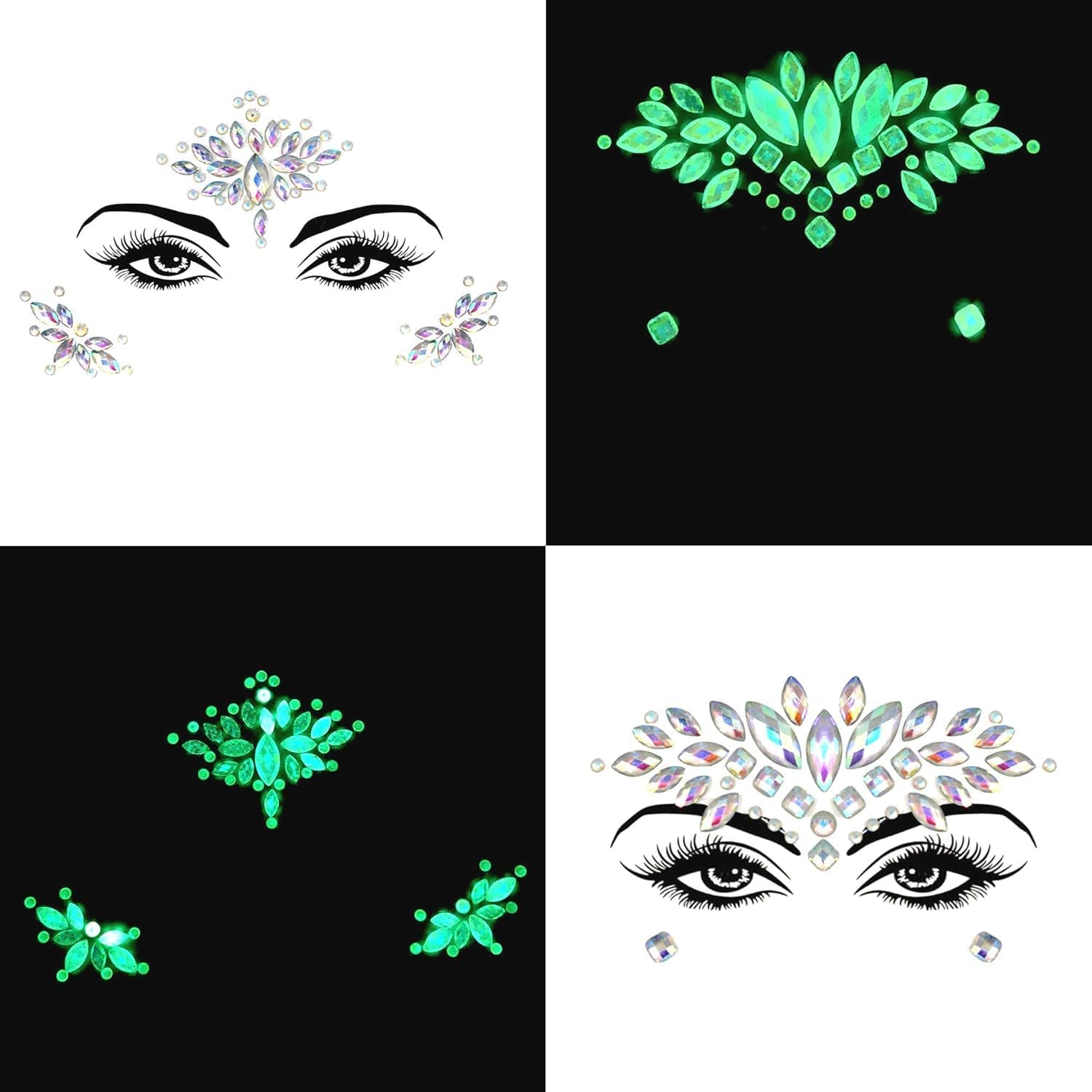 Glamifyr Pack of 8 Glow-In-The-Dark Gemstones for Face, Face Gemstones, Luminous Temporary Tattoo Stickers, Acrylic Crystal, Glitter Stickers, Waterproof, Jewellery, Tears, Rhinestones for Party image number 2