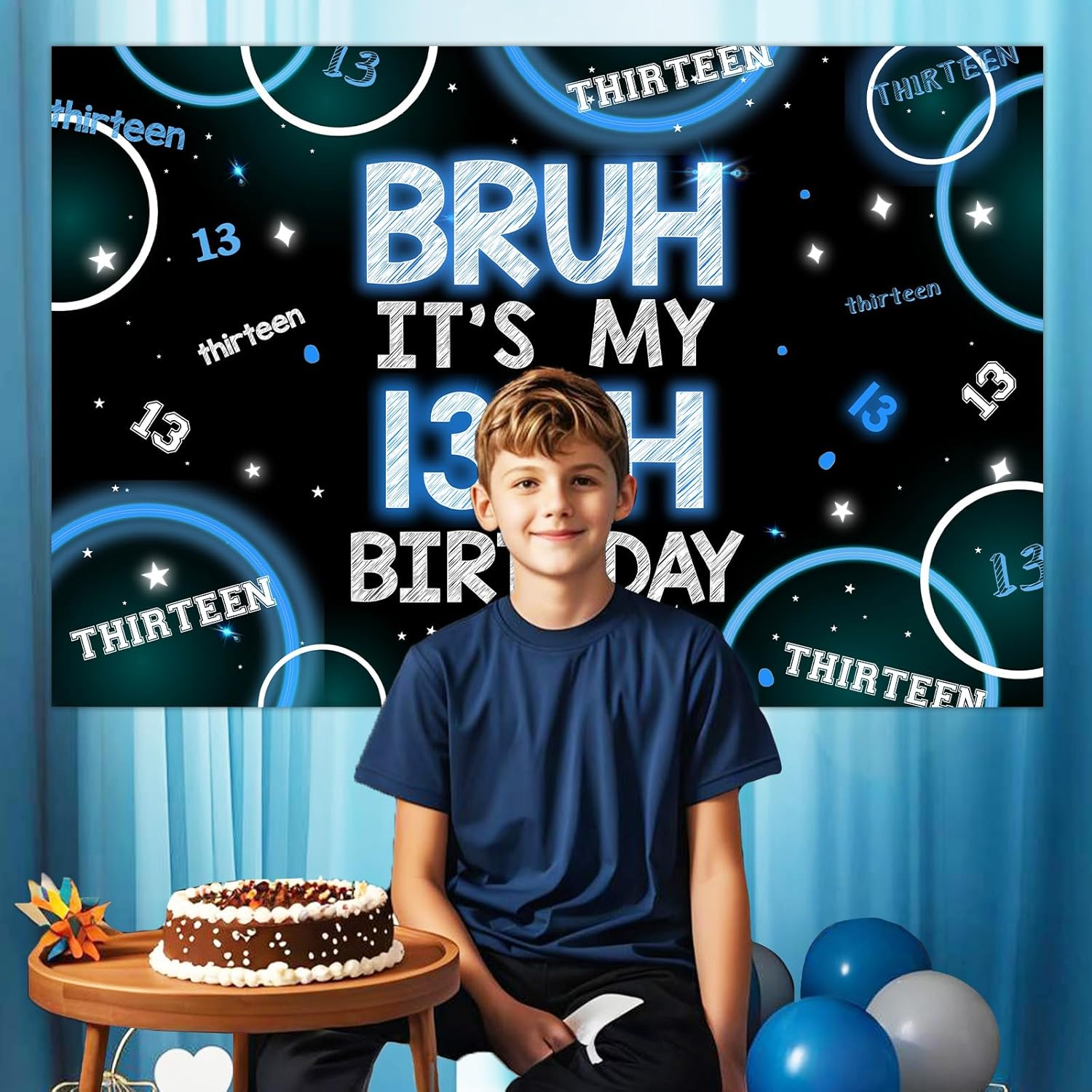 Wonmelody Bruh Its My Birthday Decor for Boy 5 * 3Ft Bruh It'S My 13Th Birthday Backdrop Banner Bruh I'M 13 Teens Birthday Party Decor It&rsquo;S My Birthday Banner Blue Black Teenager 13Th Birthday Party image number 4