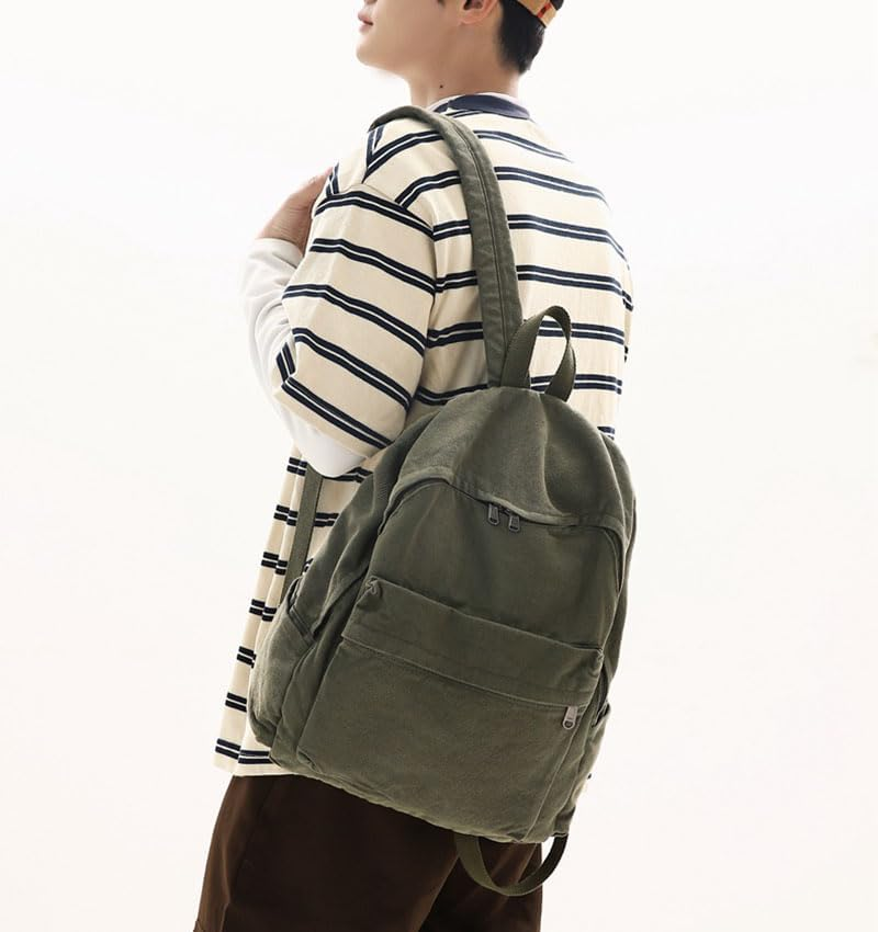 KAOBIO Vintage Y2K Aesthetic Canvas Backpack for Women Men Casual Grunge Laptop Backpack Hippie 2025 Trendy Daypack Rucksack, Army Green, Classic - Brown image number 3