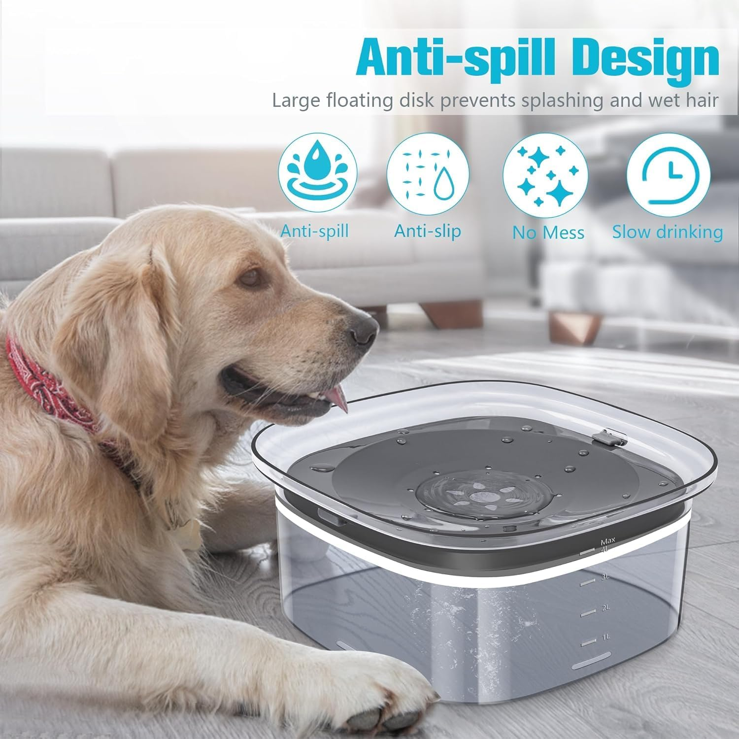 Dog Water Bowl 4L,135Oz No Spill Dog Bowl Large Capacity Slow Water Feeder with Carbon Filter, Splash Proof Pet Water Dispenser Vehicle Carried Travel Slow Drinking Water Bowl for Dogs, Cats (Grey) image number 2