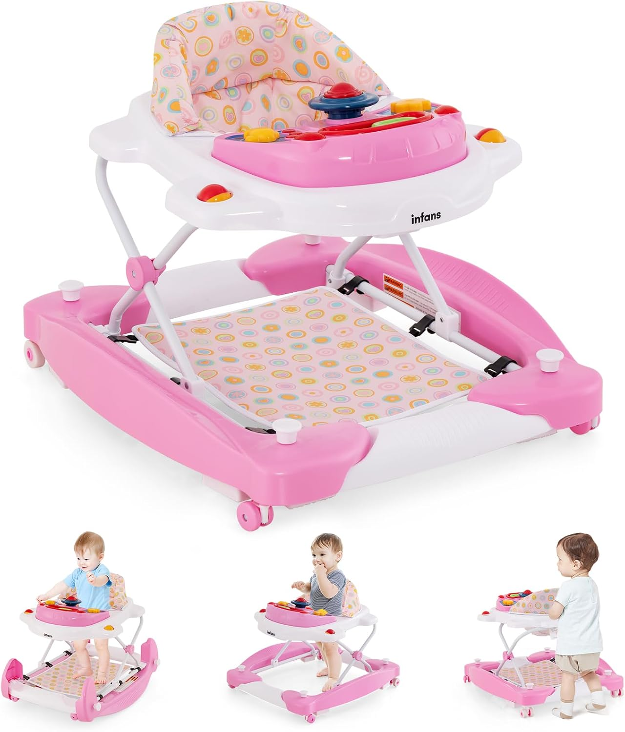 INFANS Baby Walker, 5 in 1 behind Walker Learning Seated Rocker Bouncer with Removable Music Tray, Adjustable Height, Washable Seat Cushion, Foldable Activity Center for Toddlers (Pink)