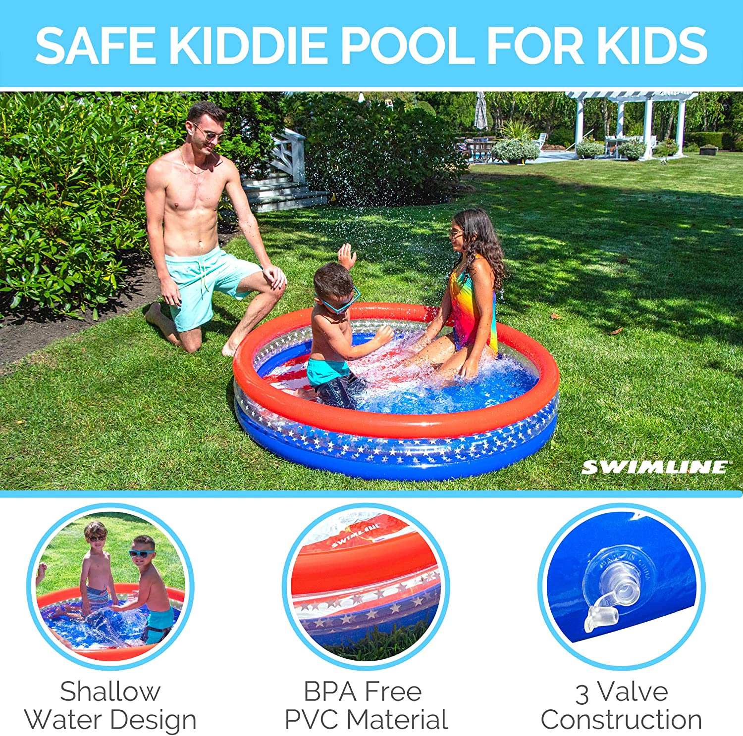 SWIMLINE Americana 3 Ring Kiddie Pool 60'' X 12'' | for Kids Toddlers Children Adults| Ball & Sand Pit Outdoor Indoor Garden Backyard Summer Fun | Blow up Thick Durable Inflatable Splash Pad Sprinkler