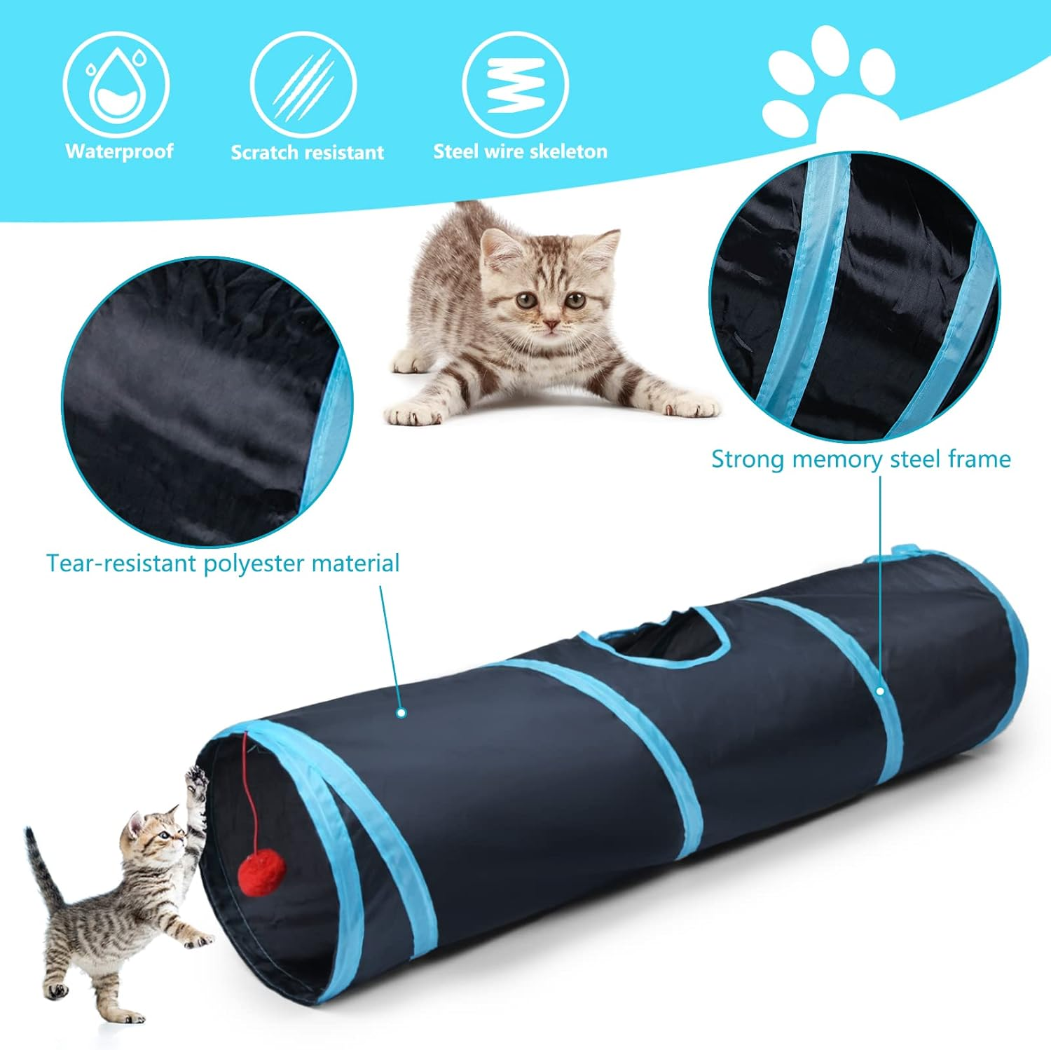 Sheldamy Cat Tunnel, 2-Way Collapsible Play Tunnel, Interactive Toy Maze for Small Animals, Suitable for Kittens, Puppies, Rabbits, Ferrets, Blue & Black - 2 Way Multicolor image number 4