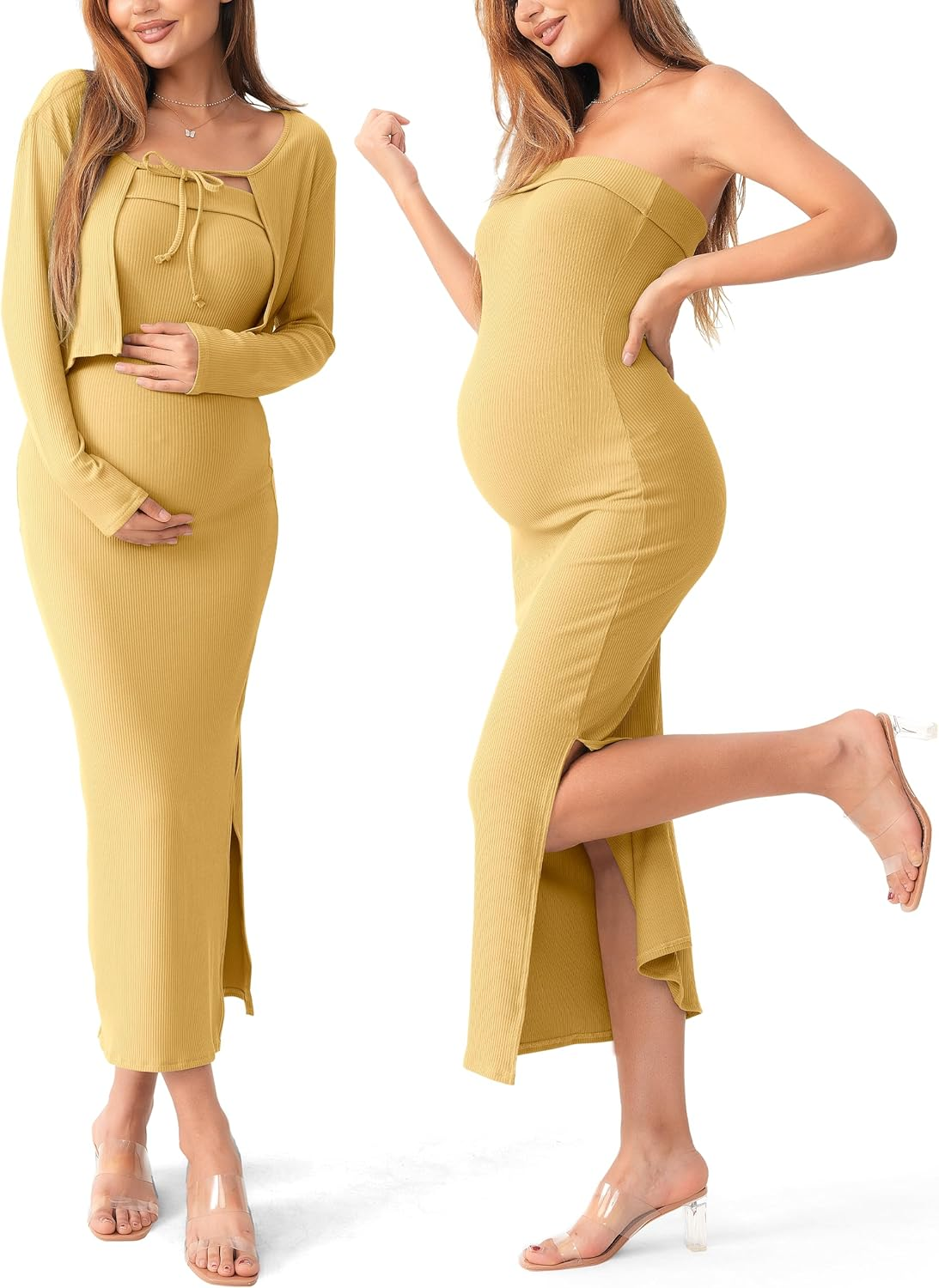SUNNYBUY Baby Shower Maternity Tube Dress Short Cardigan Bodycon Ribbed Maxi Dress Casual 2 Piece Pregnancy Outfit Set