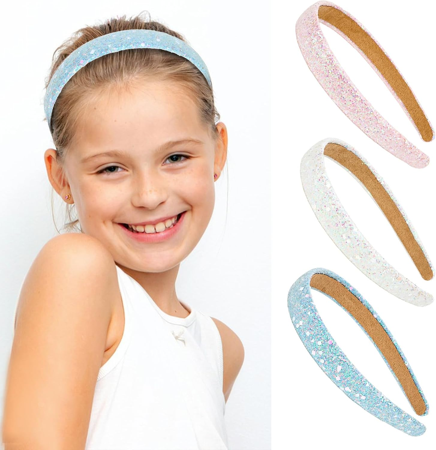 Glitter Headbands for Girls, 3PCS Cute Sequin Headbands for Women Sparkly Headband Bling Hair Bands, Head Bands for Girls Hair Accessories (Pink, Blue, White)