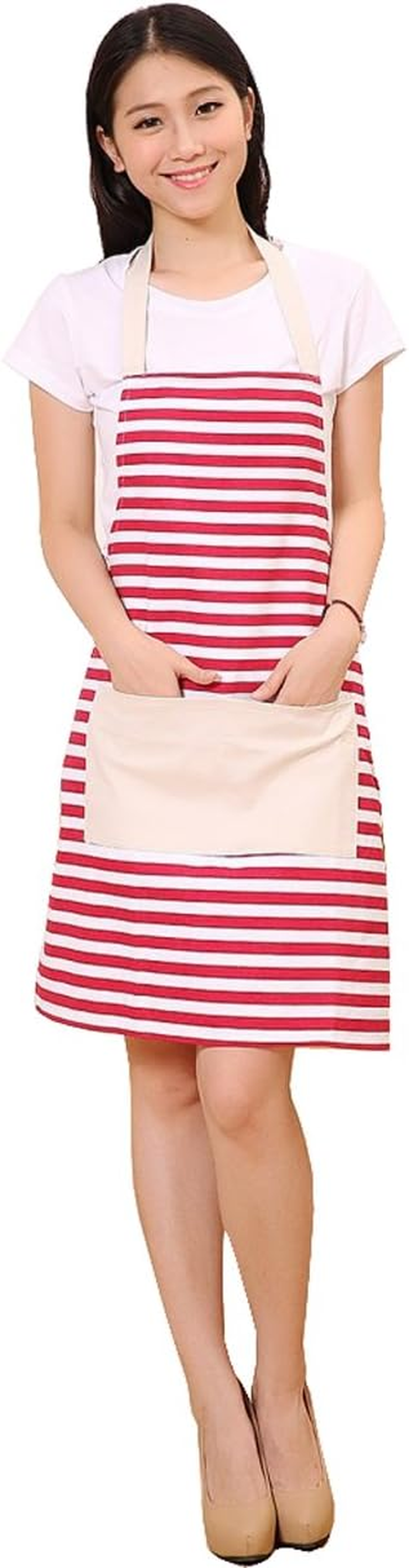 Cotton Canvas Women'S Apron with Pocket Kitchen and Cooking Aprons for Women Chef Apron for Cooking,Grill and Baking, Red and White Stripe image number 3