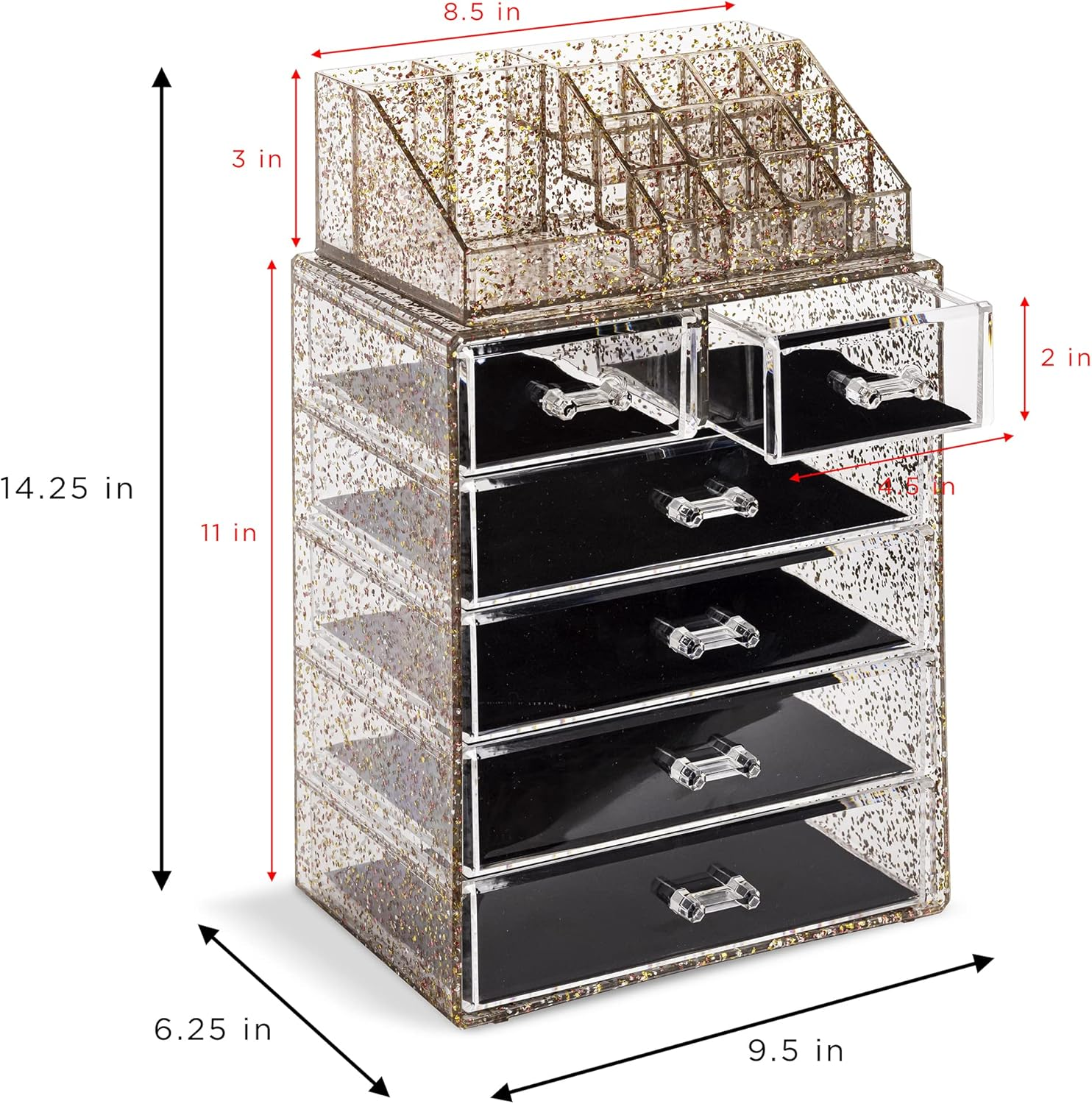 Sorbus Clear Cosmetic Makeup Organizer - Make up & Jewelry Storage, Case & Display - Spacious Design - Great Holder for Dresser, Bathroom, Vanity & Countertop (4 Large, 2 Small Drawers) [Glitter]