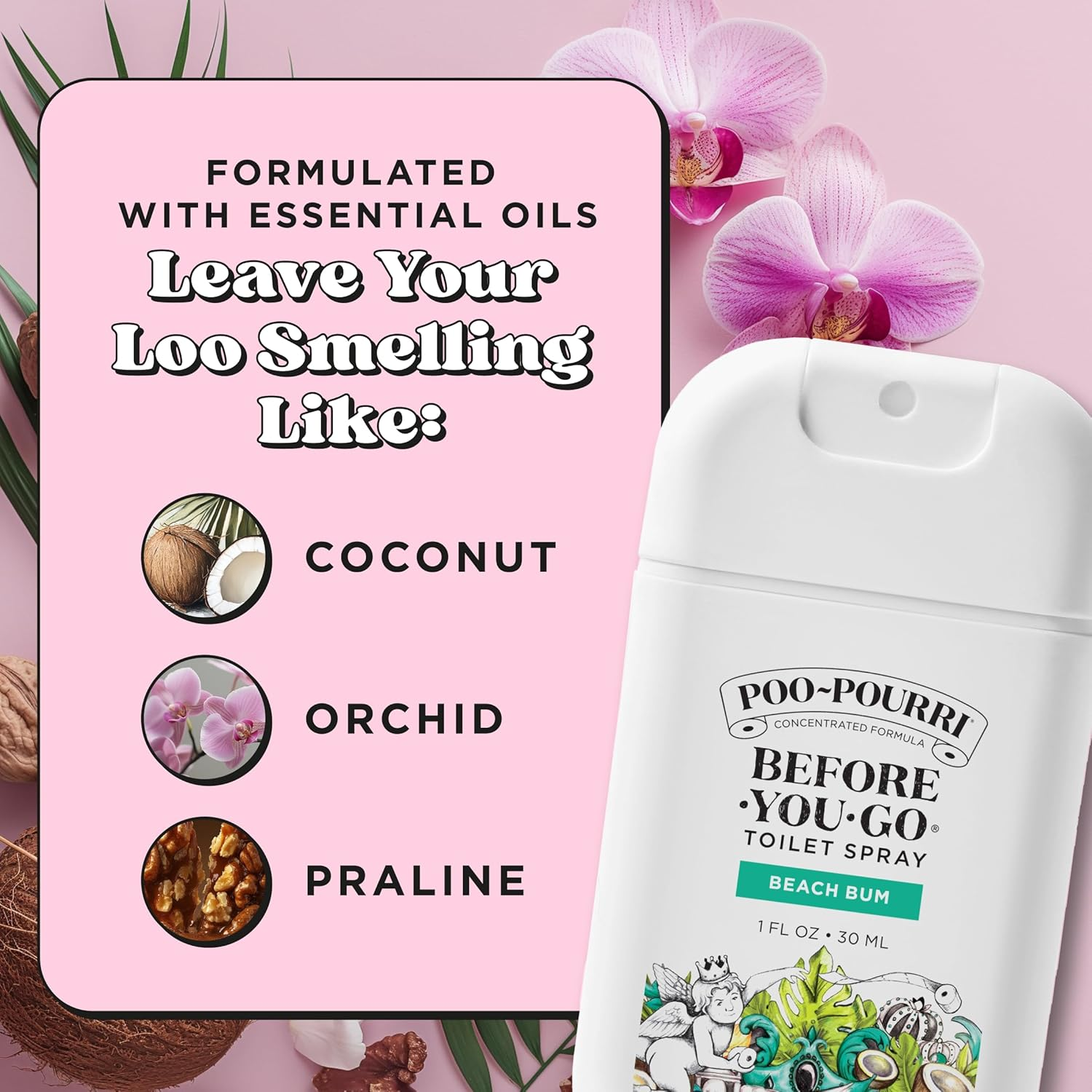 Poo-Pourri Before-You-Go Toilet Spray, Beach Bum, 1 Fl Oz Pocket Travel Size - Coconut, Orchid and Toasted Praline image number 6