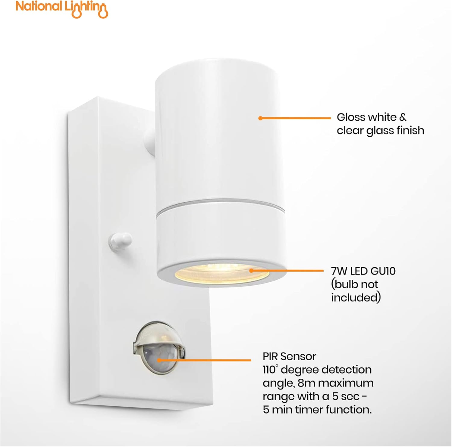 Palin Gloss White Steel External Outdoor Security PIR Motion Detector GU10 Wall Spot down Light IP44 Rated - Gloss White image number 2
