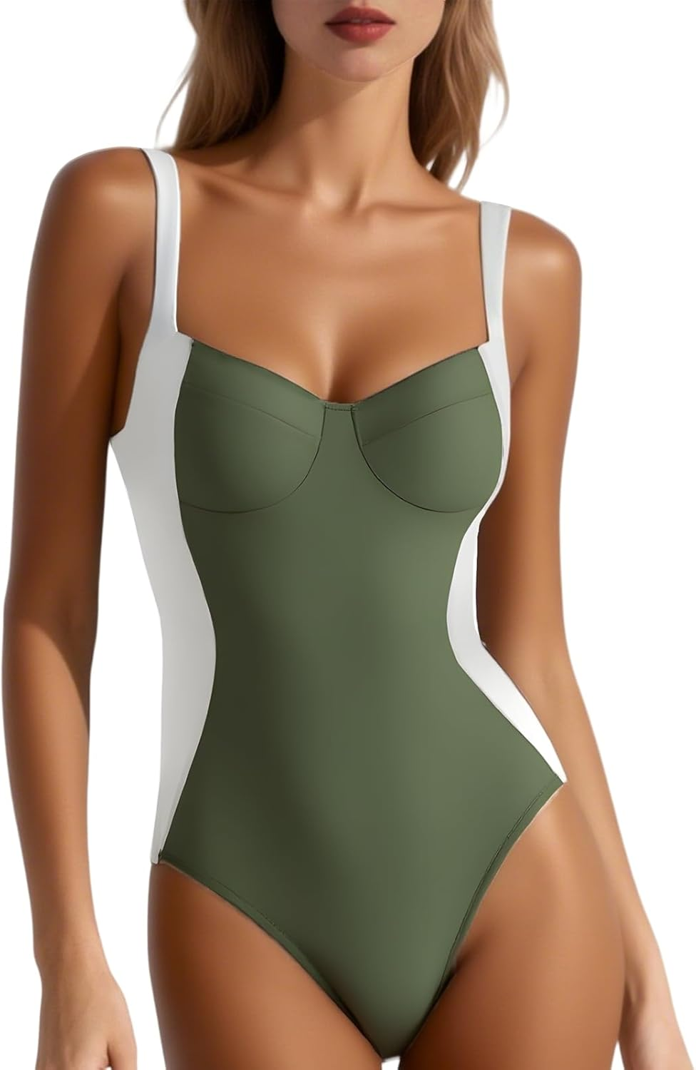 Fiohiros Tummy Control Women'S One Piece Swimsuit Detachable Pads Underwire Color Block Crisscross Back Stretchy Swimwear