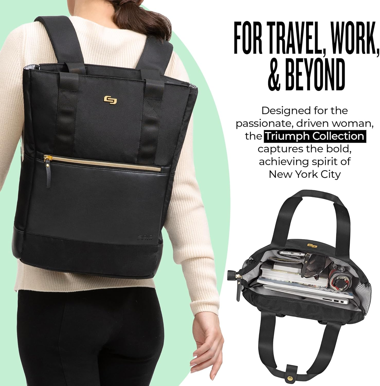 Solo Parker Hybrid 15.6 Inch Laptop Backpack Tote, Black, Black/Gold, 16X15X4.5, Ladies Tote Backpack image number 5