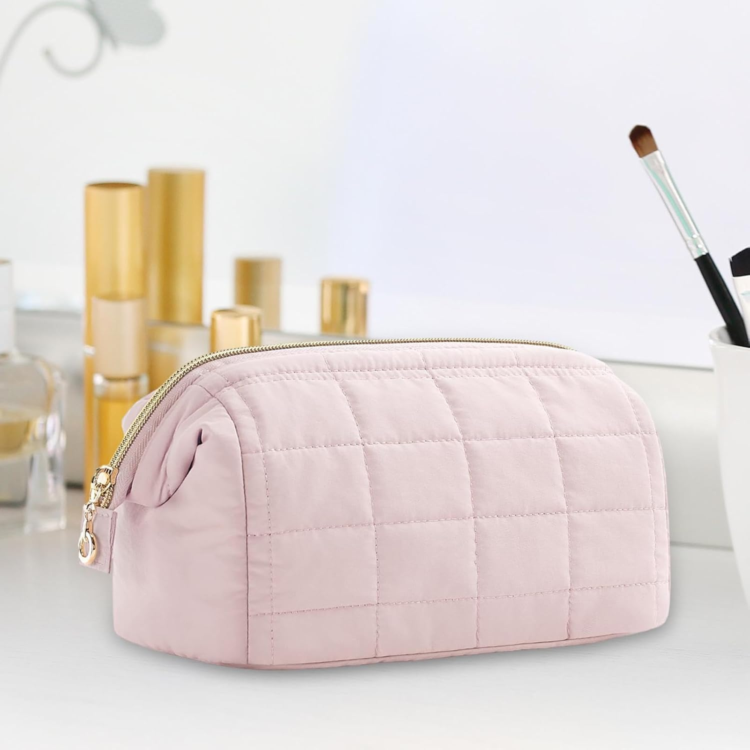 Amagogo Cosmetic Bag Cotton Makeup Bag Lightweight Zipper Closure Portable Toiletries Pouch Toiletry Bag for Hiking Business Trips, Pink image number 3