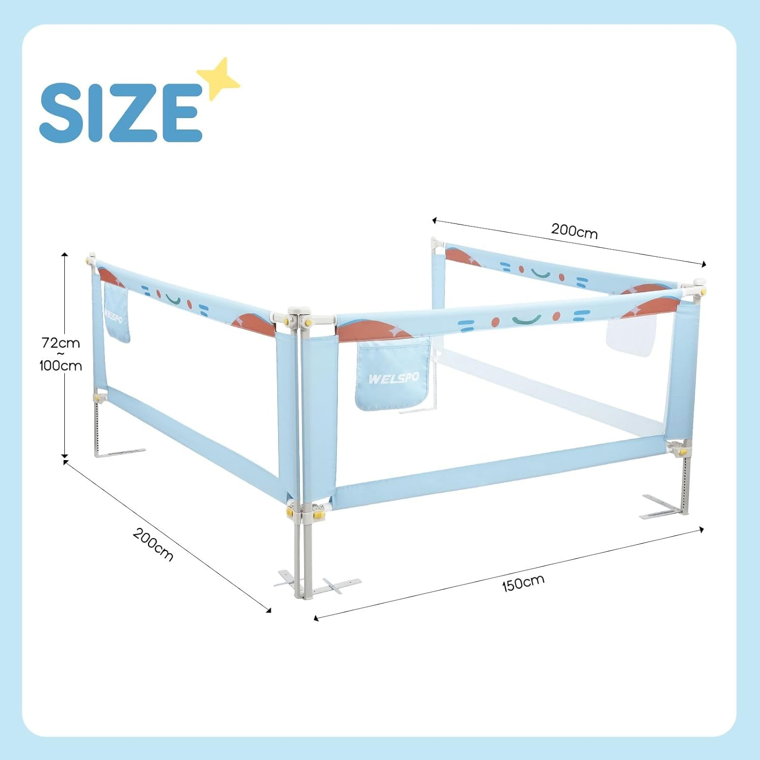 KIDBOT 3Pcs Kids Bed Rail Guard Queen Size,Baby Toddler Side Safety Guard Barrier,Adjustable Child Cot Fence Baby Fall Protection Fabric Double Lock Smurfs,150X100Cm*1Pcs & 200X100Cm*2Pcs image number 1