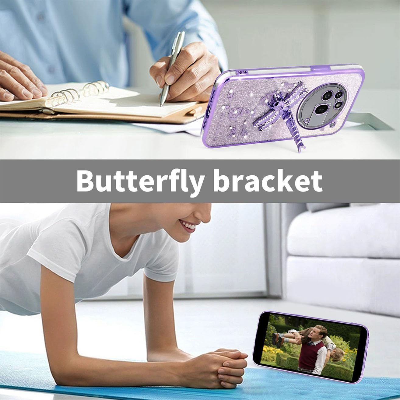 YUEQIAN Transparent Glitter Case for Nothing Phone (3A) Pro, Ultra Thin Glitter Bling TPU Shockproof Mobile Phone Case, Shiny Flowers Dragonfly Stand Girl Protective Case Purple