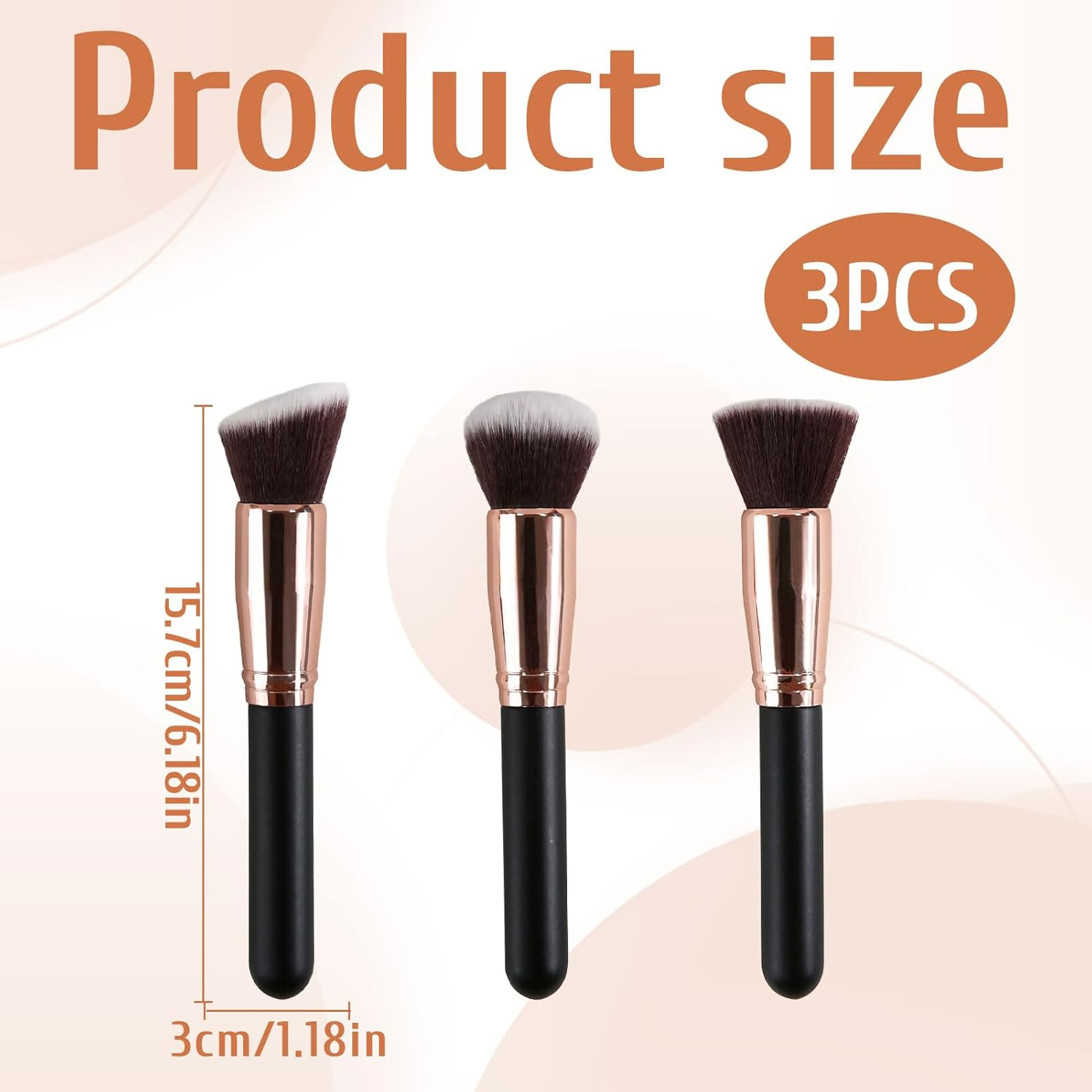 Foundation Brush, 3 Pcs Kabuki Makeup Brushes, Professional Makeup Brush, Flat Top & Angled & Blusher Brush, Body Make up Brushes for Liquid, Bronzer, Cream, Powder, Blending, Buffing, Contour image number 4