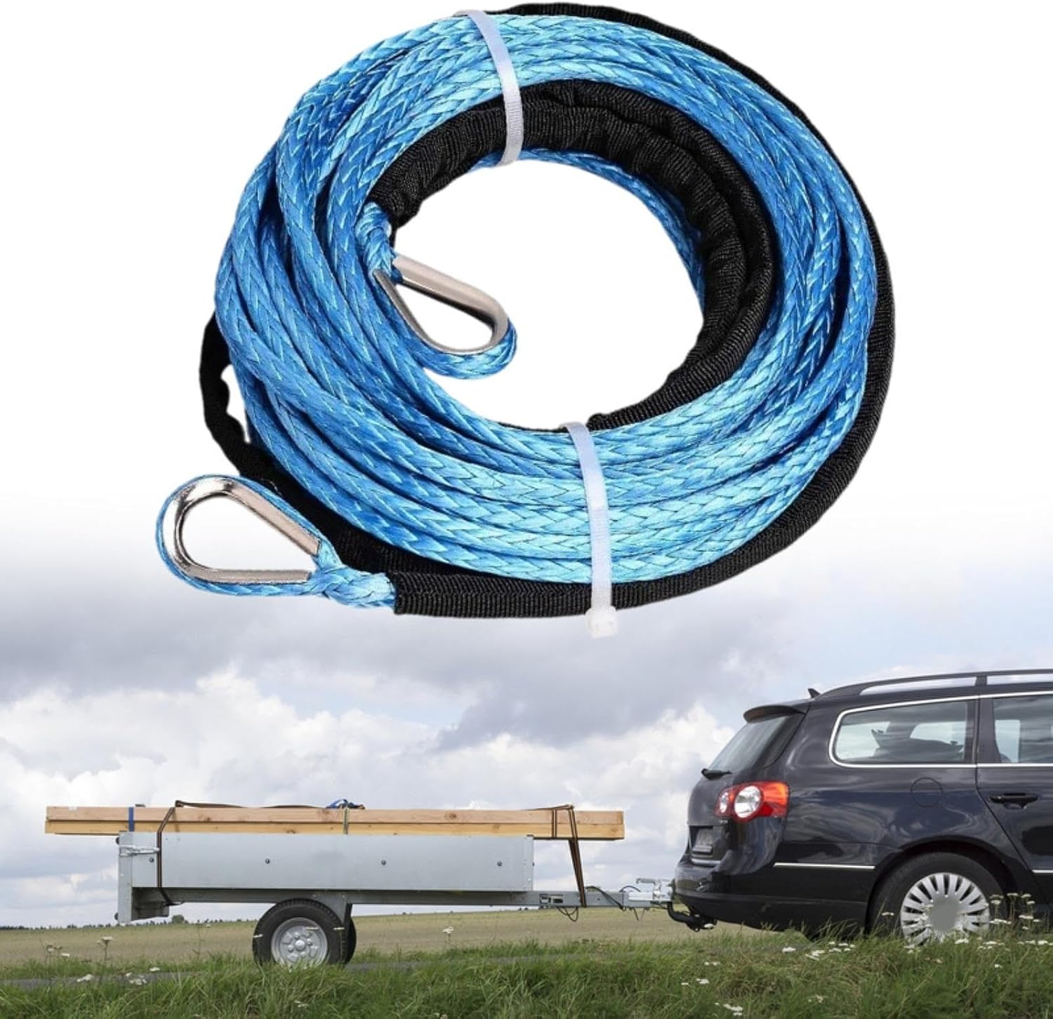 Qcchieus 50Ft X 1/4" Winch Rope Extension Replacement Sturdy for ATV UTV Multipurpose Accessories Tow Rope with Protective Sleeve, Blue - Red image number 3