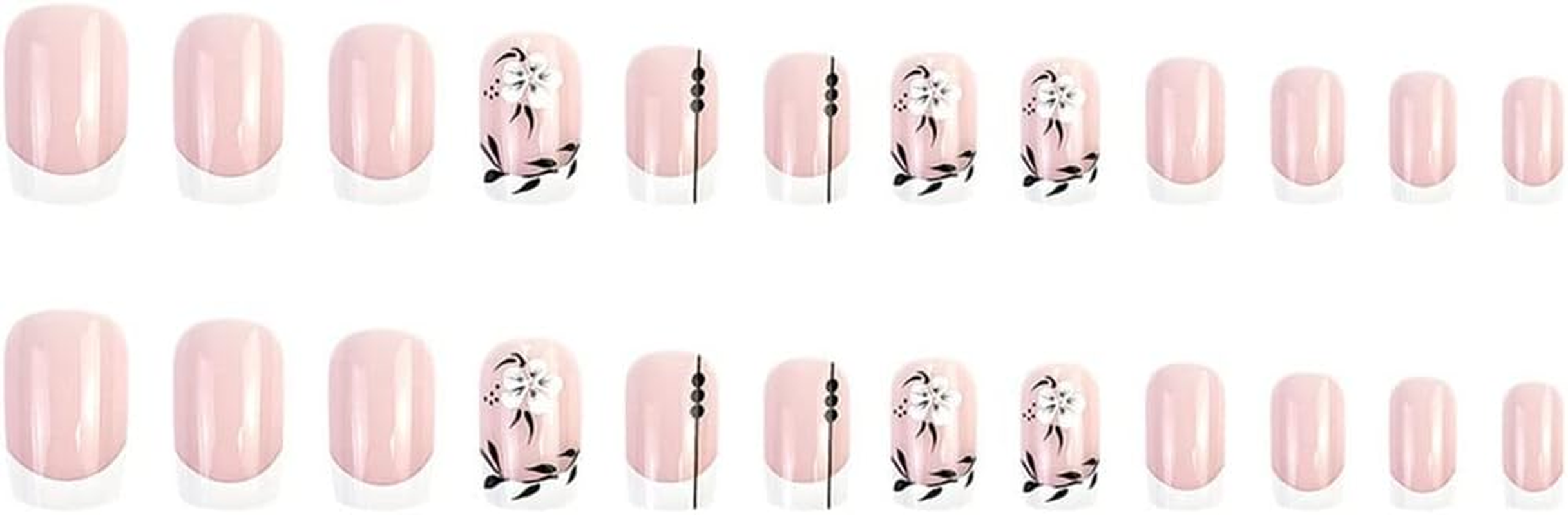 24 PCS French Press on Nails White Square False Nails Glossy Flowers Fake Nails with Line Design Full Cover Short Nails Art for Women and Girls Daily Decoration
