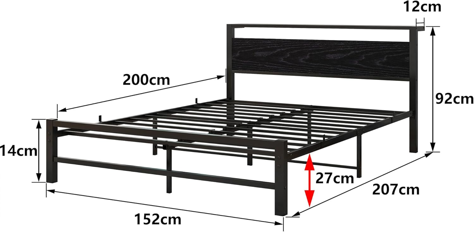 Queen Bed Frame with Wood Storage Headboard, Metal Platform Bed Frame Queen Size No Box Spring Needed, Strong Slats Mattress Foundation, Non-Slip Noise Free, Easy Assembly, Black image number 4