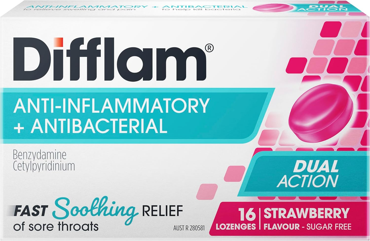 Difflam Sore Throat Lozenges, Strawberry, 16 Count