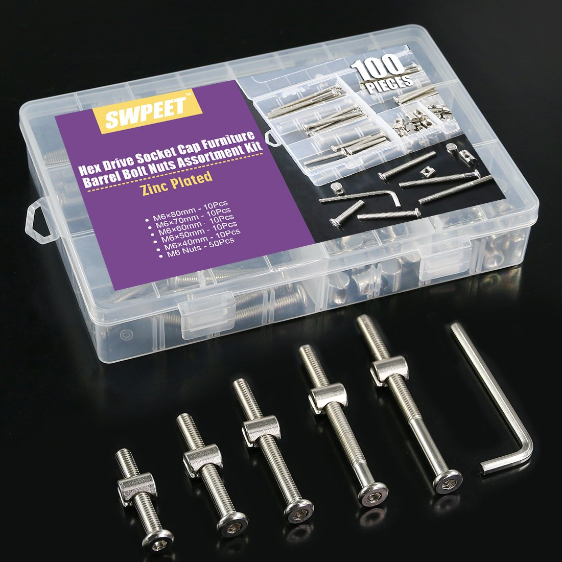 Swpeet 100Pcs Crib Hardware Screws, Nicked Plated M6 &times; 40/50/60/70/80Mm Hex Socket Head Cap Crib Baby Bed Bolt and Barrel Nuts with 1 X Allen Wrench Perfect for Furniture, Cots, Crib Screws image number 3