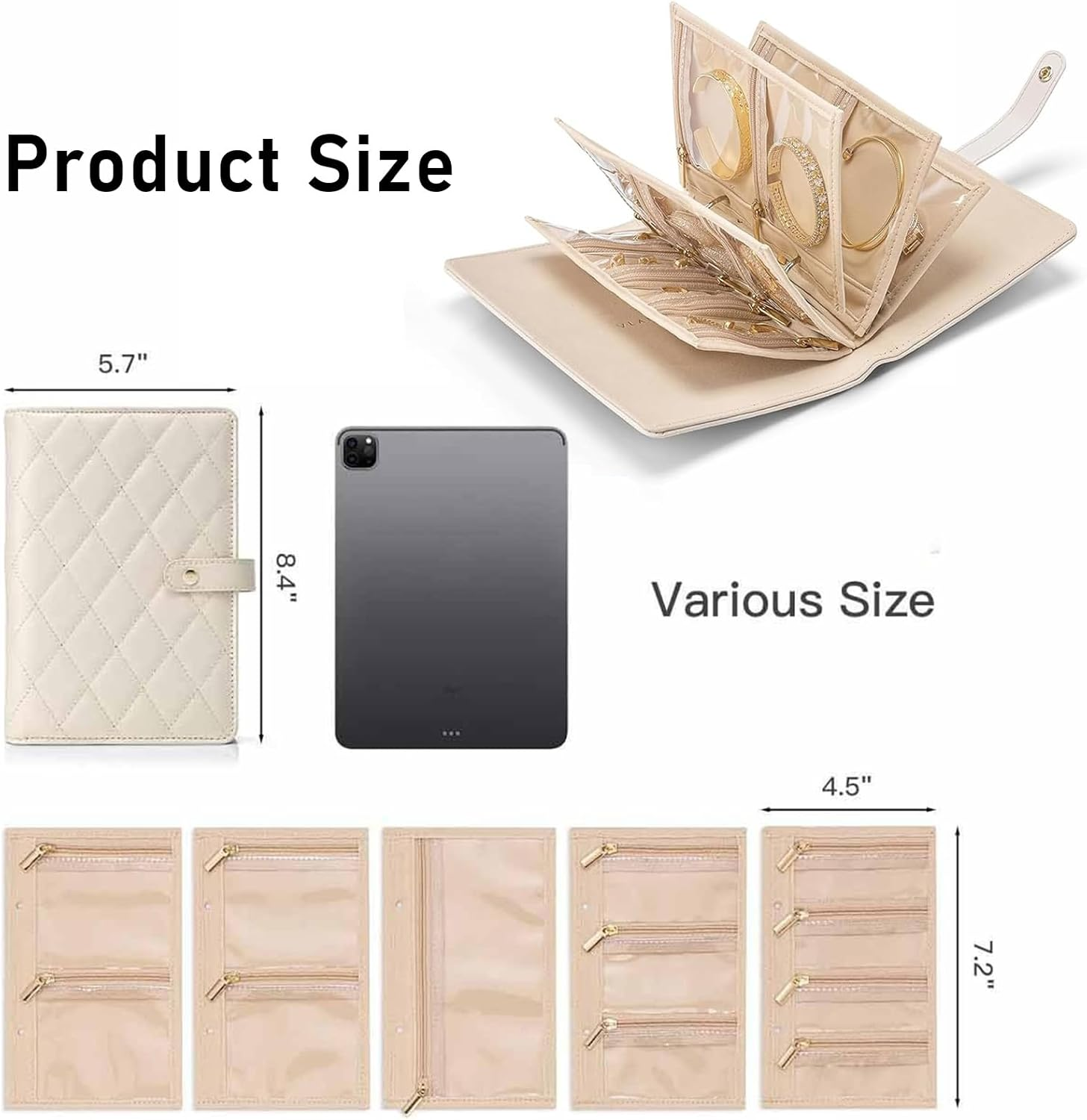 Travel Jewellery Organiser, Jewellry Home Storage Book Ring Binder with Clear Zipper Velvet Pouches for Rings, Necklaces, Earrings (Beige) image number 5