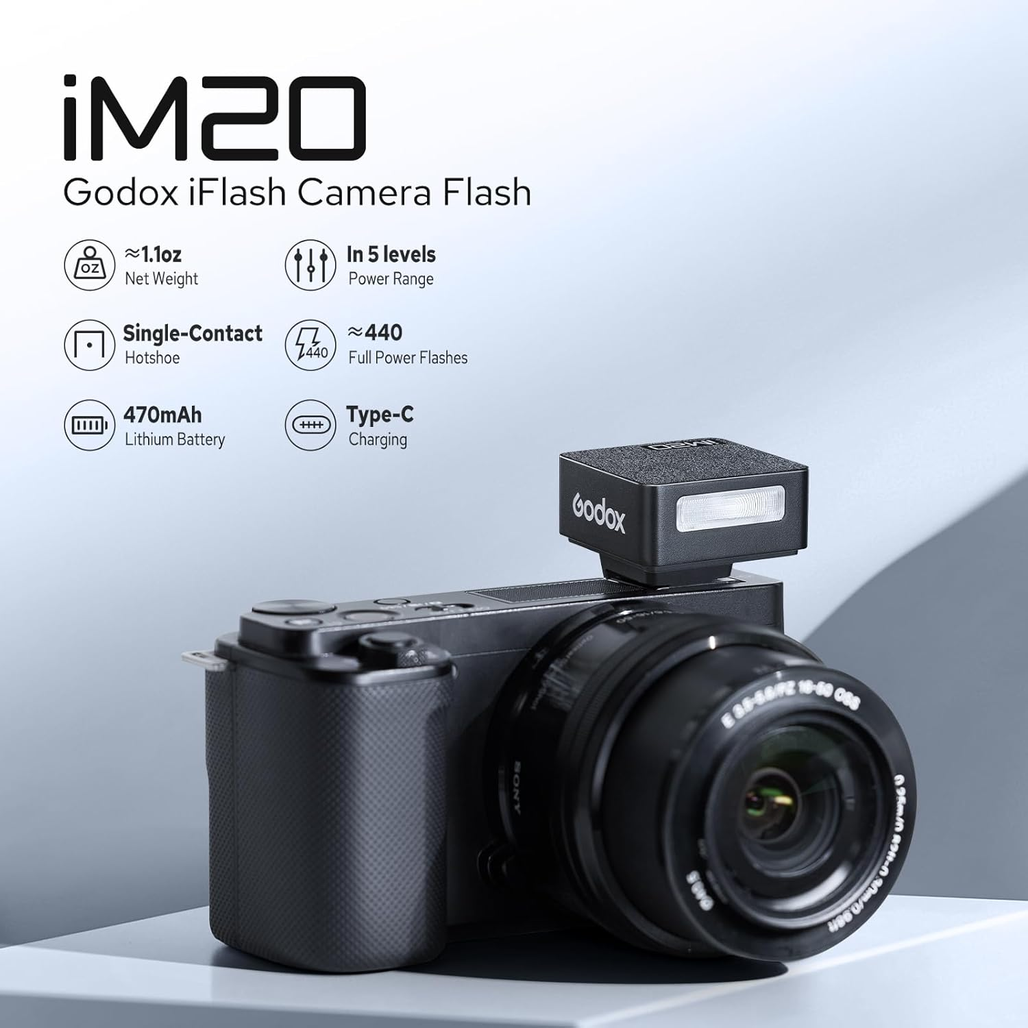 Godox Iflash Im20 Mini Camera Flash, Small Universal Flash Speedlight for DSLR & Mirrorless Cameras with Single-Contact Hot Shoe, 5 Power Levels, Built in Lithium Battery, 440 Full Power Flashes image number 4