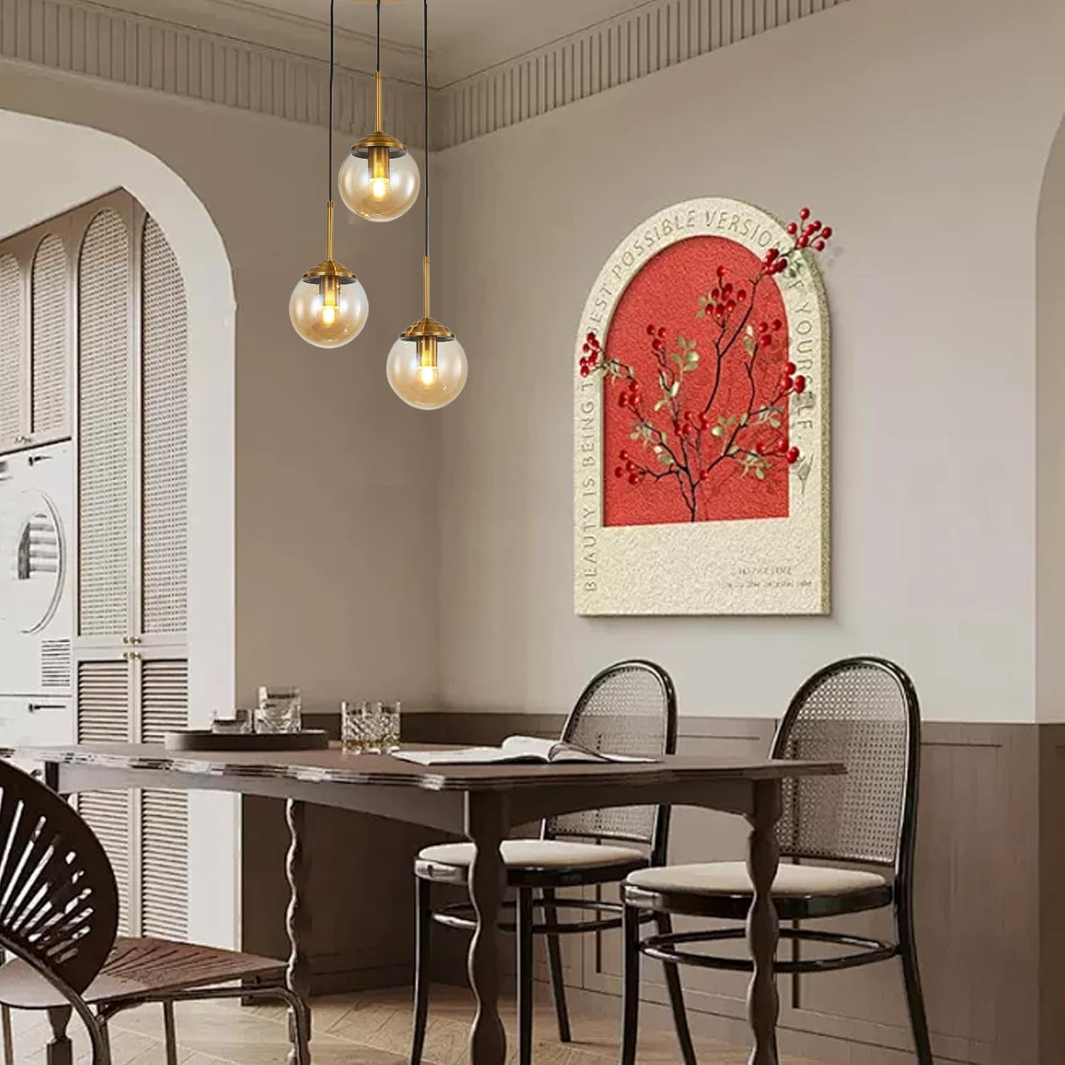 Industrial Vintage 3 Lights Pendant Light,Glass Globe 3 Pendants Ceiling Light, Brass E27 Hanging Lamp Cluster over Kitchen Island & Dining Room Table (Amber) image number 7