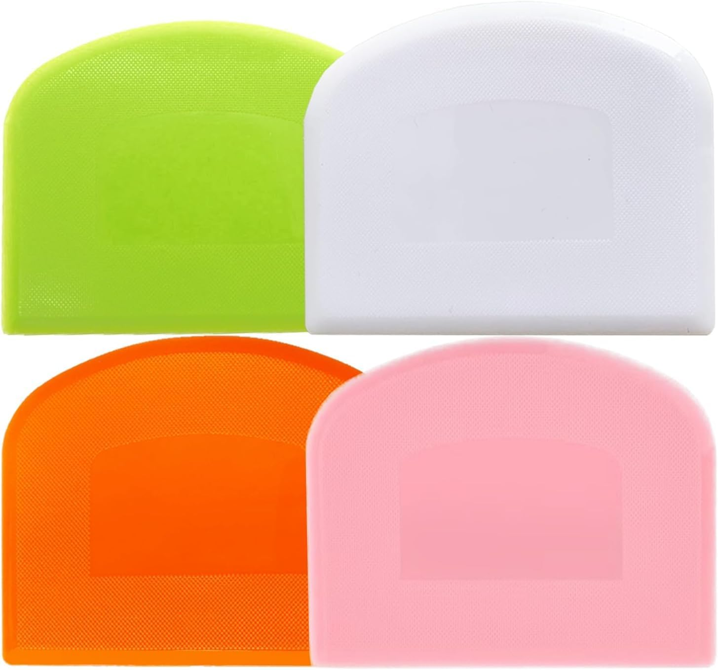 4 Pack Dough Scraper Bench Scraper for Baking, BPA Free PE Plastic Flexible Bowl Scraper, Food-Safe Plastic Dough Cutter for Bread Cake Dough Fondant Icing, White/Green/Orange/Pink
