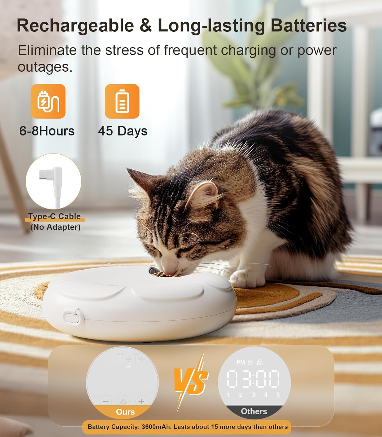 Casfuy Automatic Cat Feeder Cordless - Automatic Cat Food Dispenser for Wet Moist Food with 4 Ice Packs Rechargeable Auto Feeder for Cats Small Dogs with Programmable Timer Low Battery Indicator image number 6