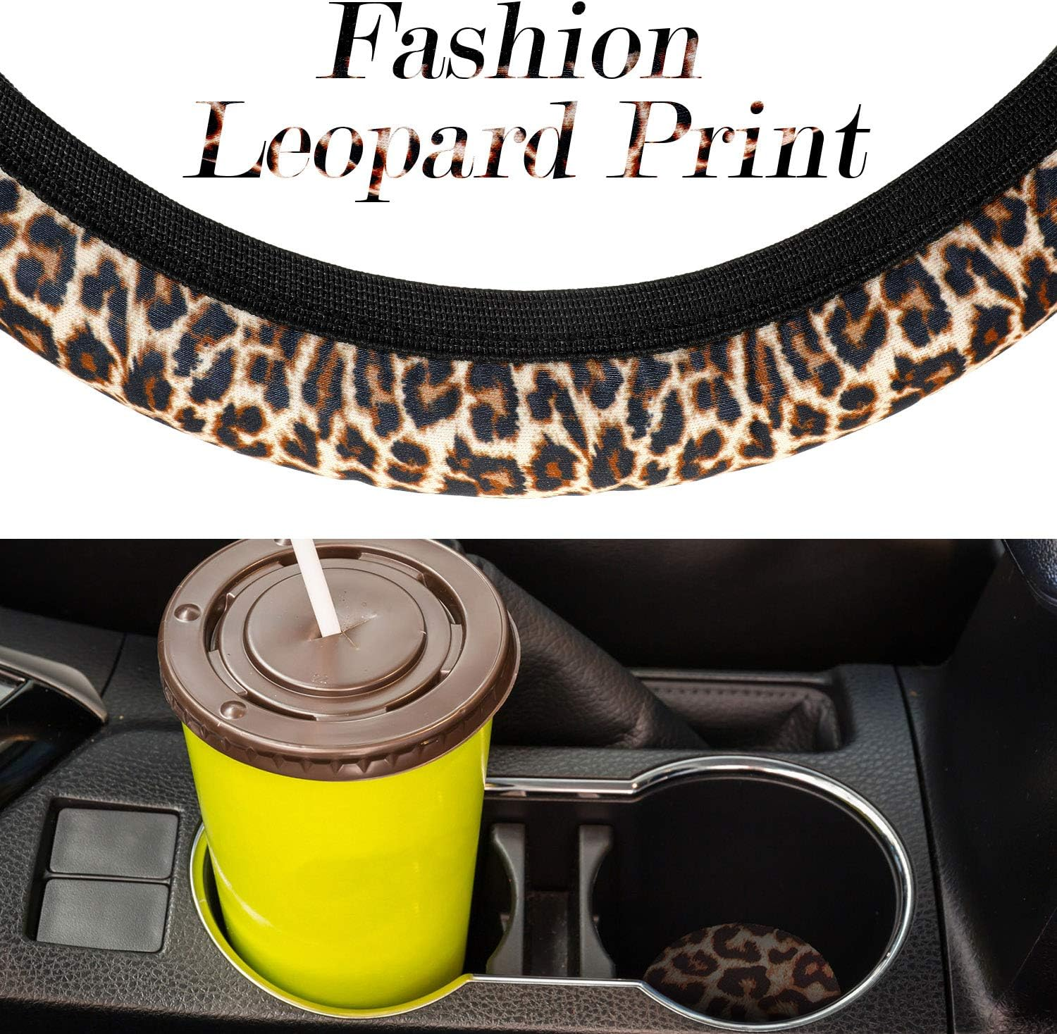 10 Pieces Leopard Print Car Decorations, Includes Leopard Front Seat Covers, Steering Wheel Cover, Leopard Car Coasters, Armrest Pad Cover Seat Belt Pads and Keychain Wrist Strap for Universal Cars image number 1