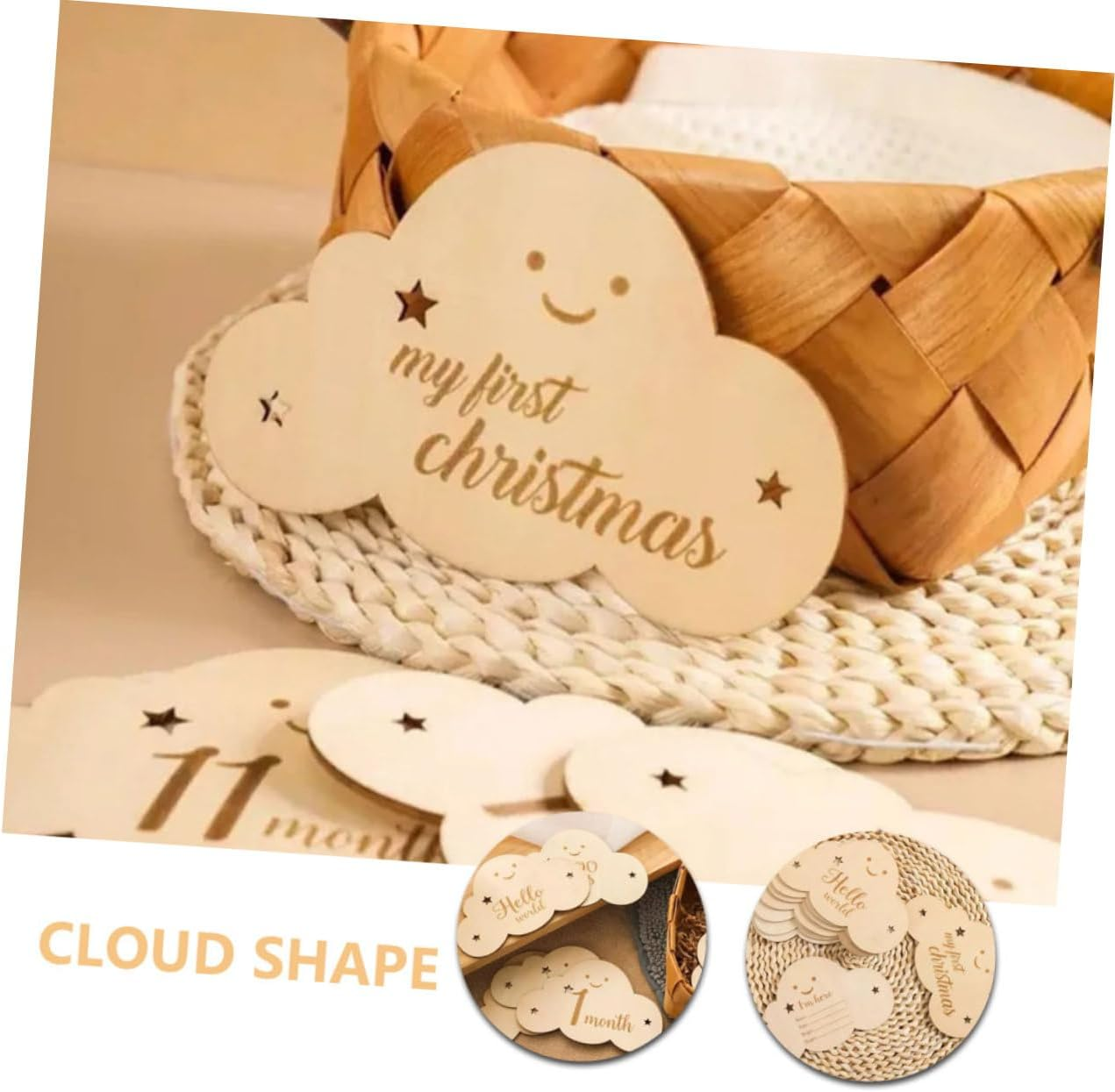 Cloud Shaped Wooden Announcement Cards Monthly Photo Markers for Newborn Milestones Double Sided Discs for Documenting Growth Journey Durable and Adorable Keepsake image number 2