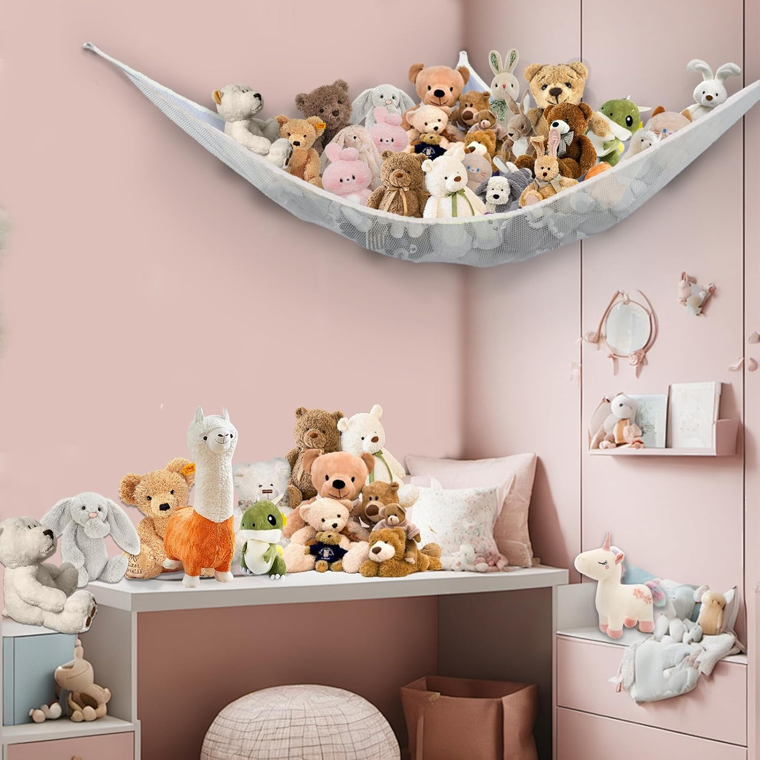 Stuffed Animal Storage Toy Hammock Soft Plush Toy Storage Large Corner Hanging Net Organiser Holder for Kids Bedroom Nursery Decor (White) - Blue image number 3