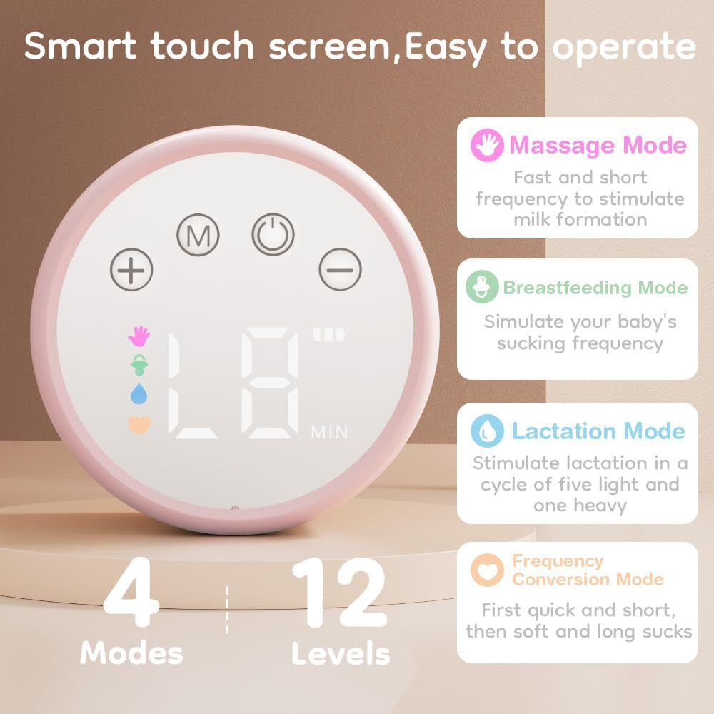 Hands-Free Breast Pump EB29 Pink, Wearable Pump with Comfortable Double-Sealed Flange(19Mm 24Mm 27Mm), Painless & Silent, 4 Modes & 12 Levels Memory Function for Easy Pumping, Smart Display，8-Piece Set image number 3