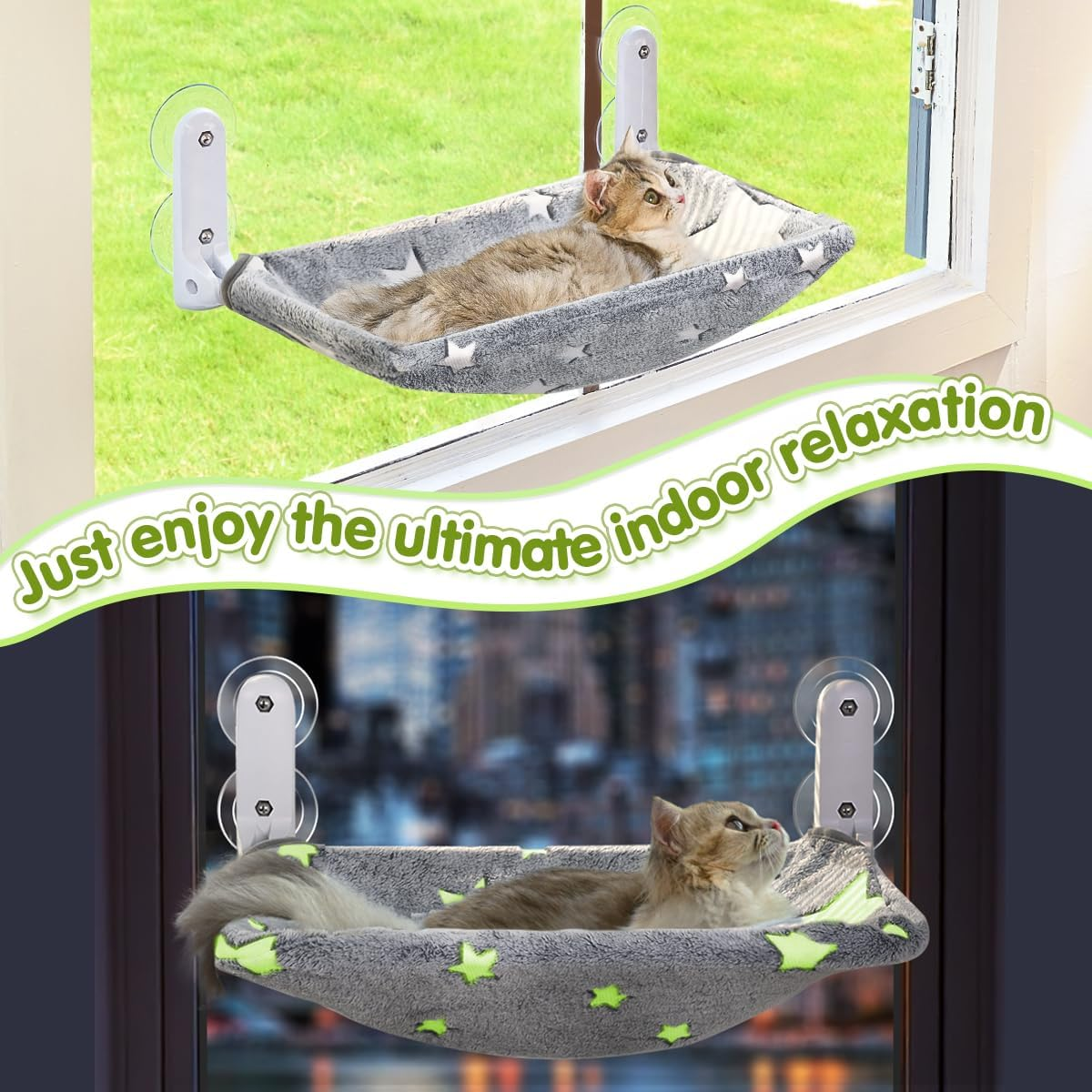 2PC Cat Window Perch, Glow in the Dark Cordless Foldable Pet Hammock Bed for Window with Sturdy Metal Frame, Glowing Stars Pattern Resting Seat for Indoor Cats (2PC Stars - M) image number 6