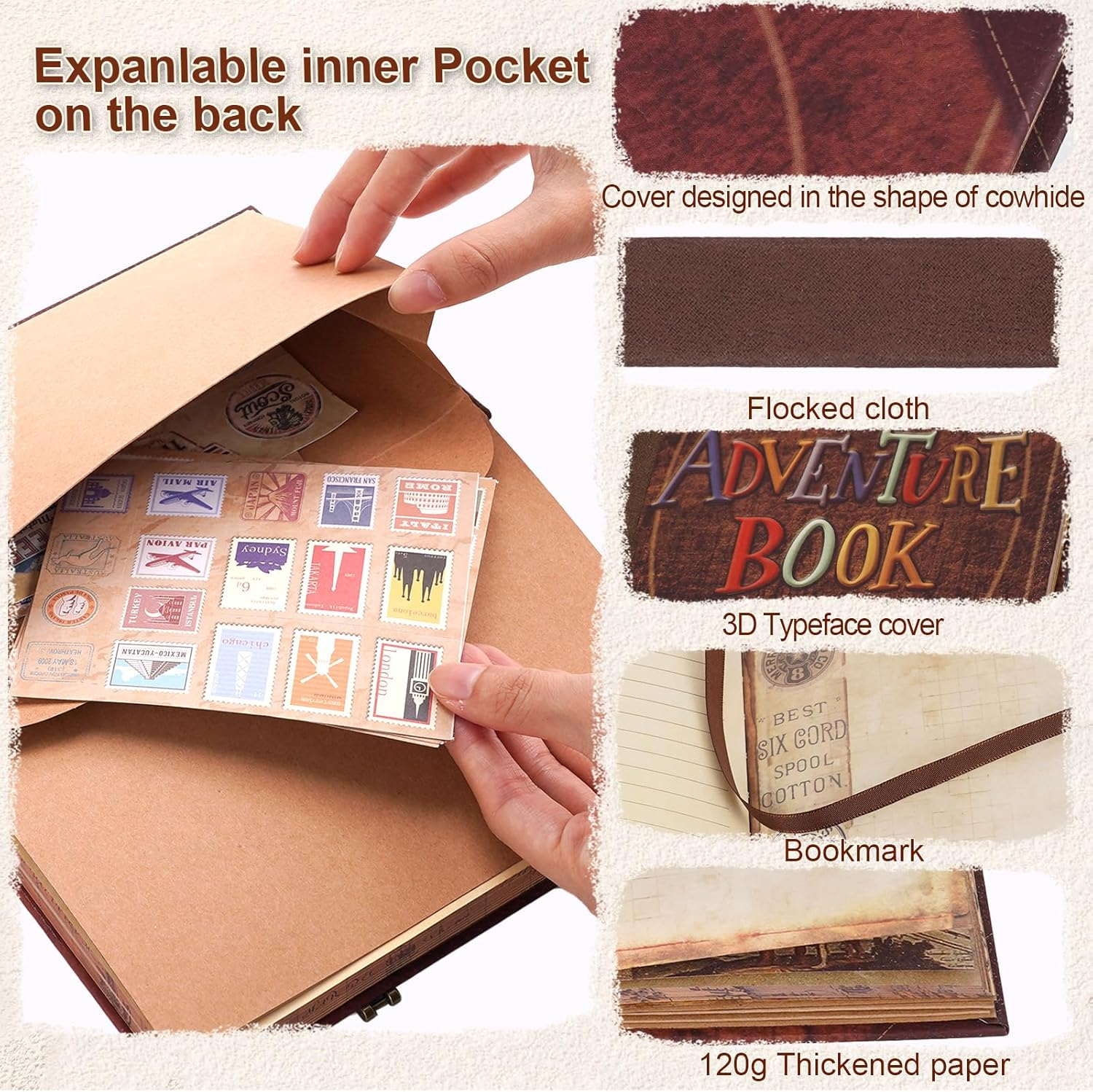 My Adventure Book Leather Scrapbook Photo Album - 164 Acid-Free Pages, Vintage Travel Journal for Anniversaries, Vacations & Date Nights, Pocket-Sized Memory Book, Gift for Couples, Him & Her image number 2