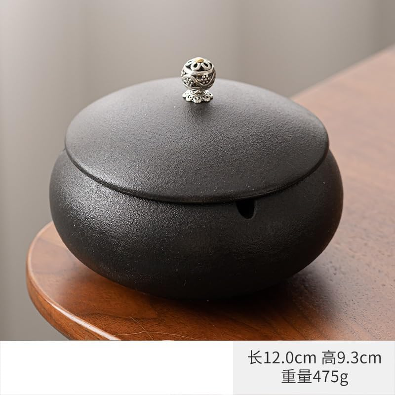 Handmade Ceramic Ashtray with Lid, Windproof Ash Tray, Office and Outdoor Decoration (Black)