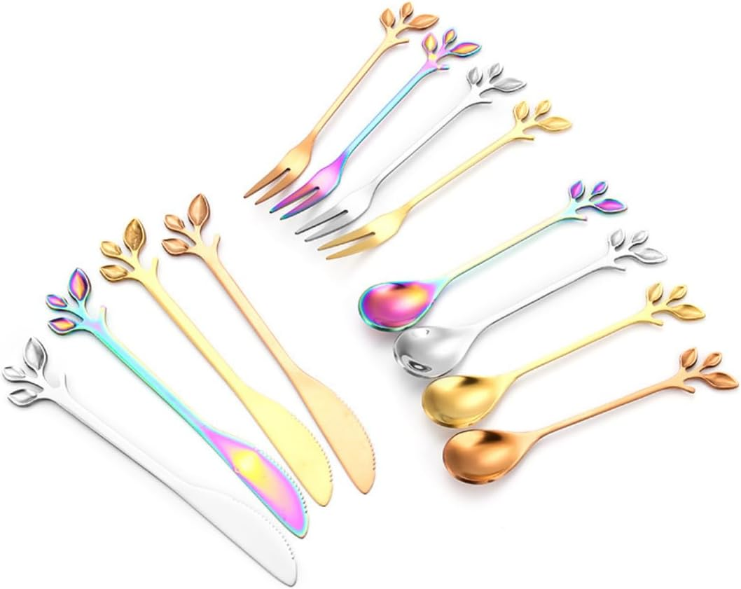Creative Leaf Tableware Set of 12, 4 Piece Stainless Steel Demitasse Espresso Spoons + 4 Piece Appetizer Fork + 4 Piece Dessert Knives for Bar Caf&eacute; Teaspoons for Cappuccino, Dessert, Fruit, Cake - Golden image number 7