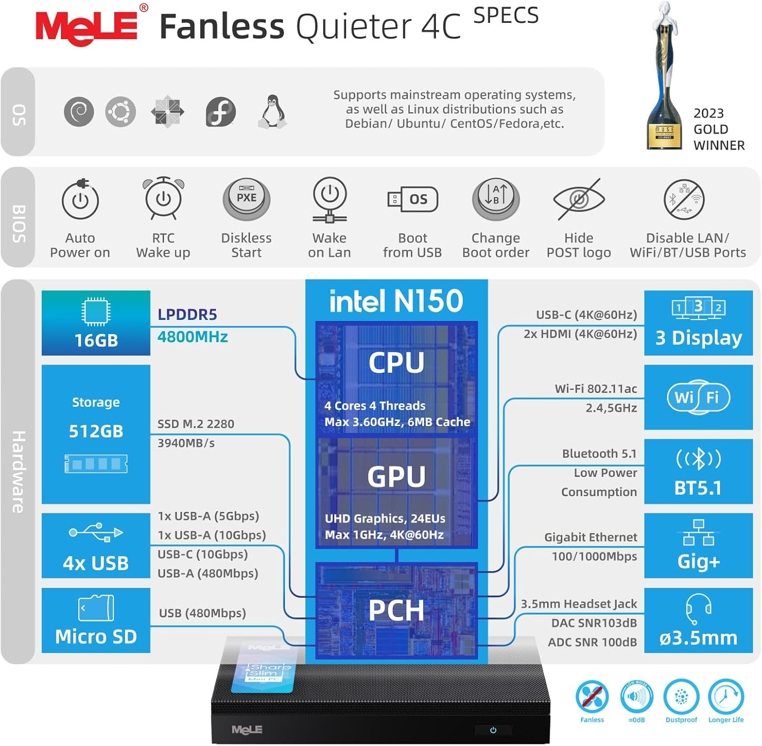 Mele Mini PC, Upgraded Quieter 4C N150 (Turbo 3.6Ghz), 16GB DDR4 RAM 512GB Storage, Desktop Mini Computer Full Functional USB-C, 4K Triple Display on Home, Office, Education, Astrophotography image number 5