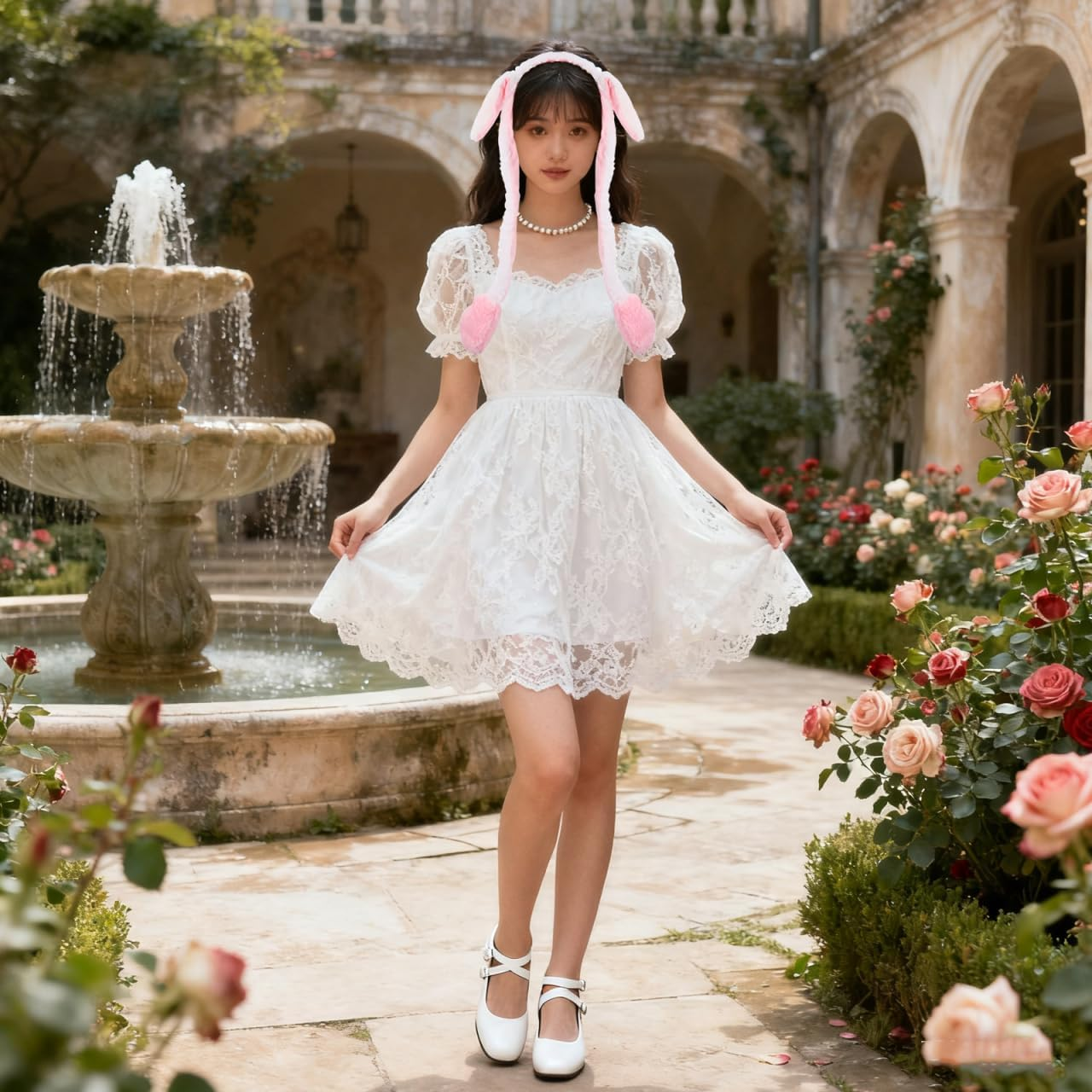 Beavorty Movable Rabbit Ears Headband for Women Plush Headband with Moving Ears Funny Headpiece for Halloween Cosplay and Parties Pink White image number 5