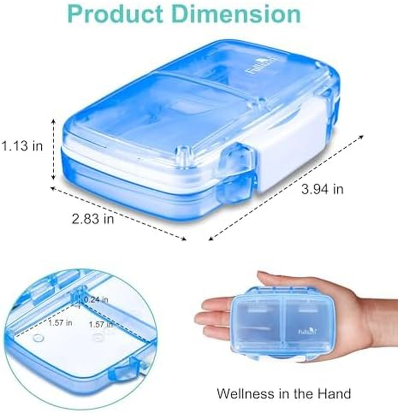Fullicon 2 Pack Travel Pill Organiser, 4 Compartments Portable Pill Box, Moisture Proof Small Pill Case with Labels, Travel Pill Organizer with Double Lock, Pocket Pharmacy for Vitamin & Fish Oil (Blue)