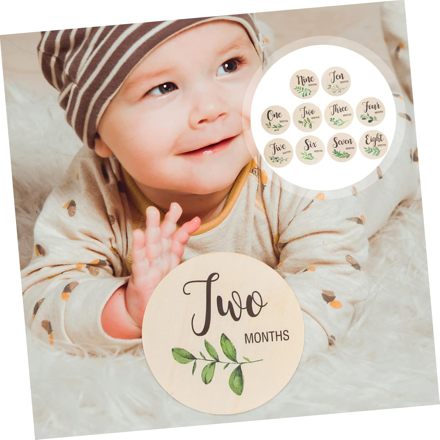 SUPVOX 10Pcs Wooden Milestone Cards Unisex round Milestone Discs for Newborn Photography for Capturing First Year Memories And image number 3