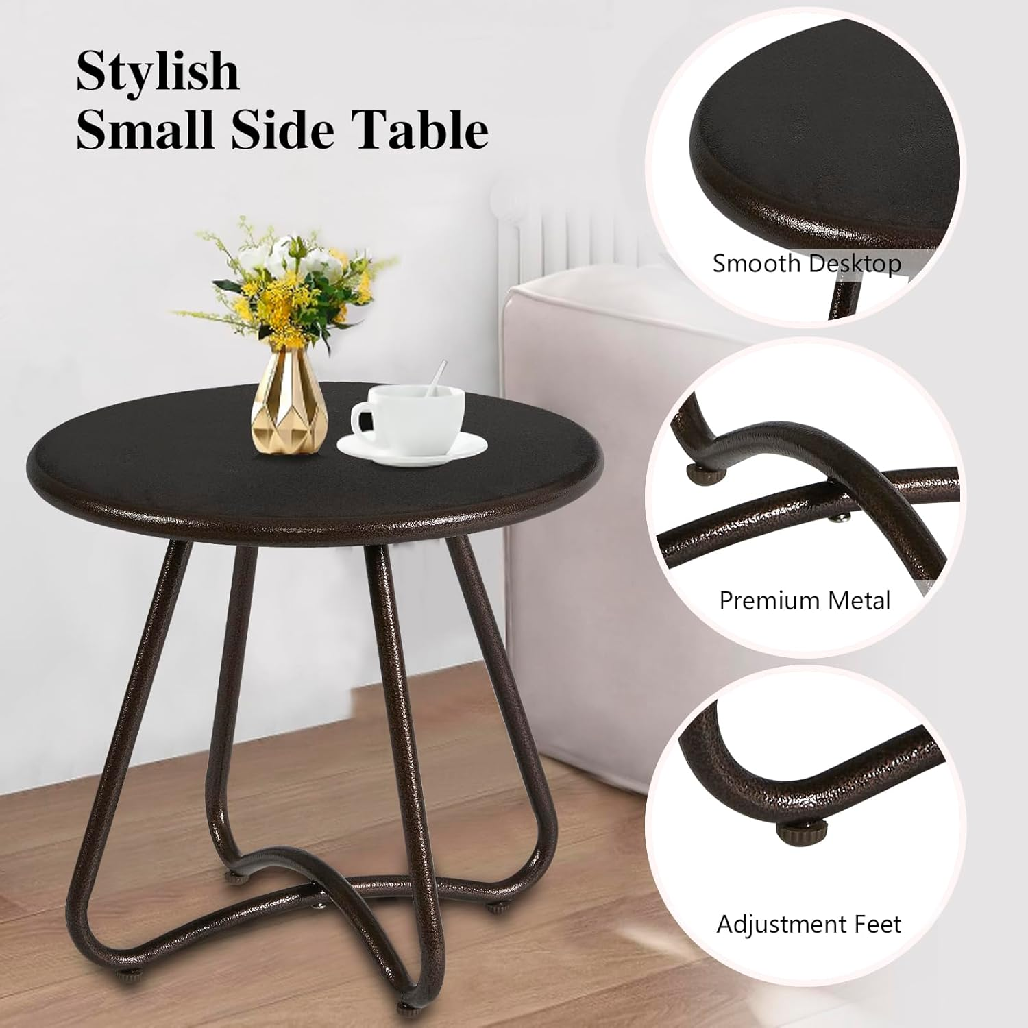 YIYAN Patio Small Side Table Waterproof round Metal Steel Weather Resistant Portable Outdoor and Indoor End Table for Garden Balcony Yard(Brown) image number 6