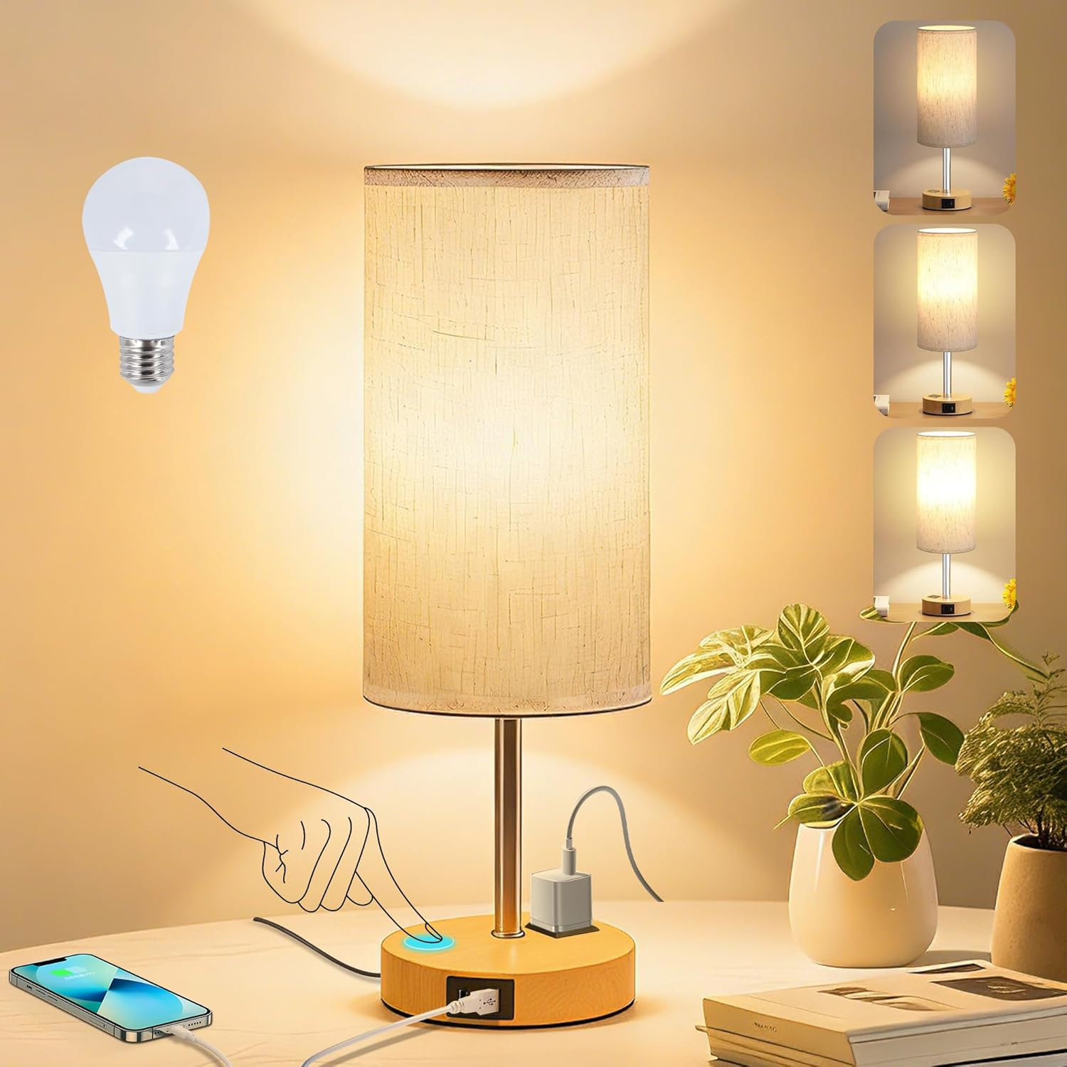 Necomi Bedside Lamp with A&C Ports, Touch Table Lamp for Bedroom with 3 Way Dimmable & AC Outlet, Featuring Linen Lampshade, Suitable for Living Rooms, Study Rooms, and Home Offices (Bulb Included) image number 4