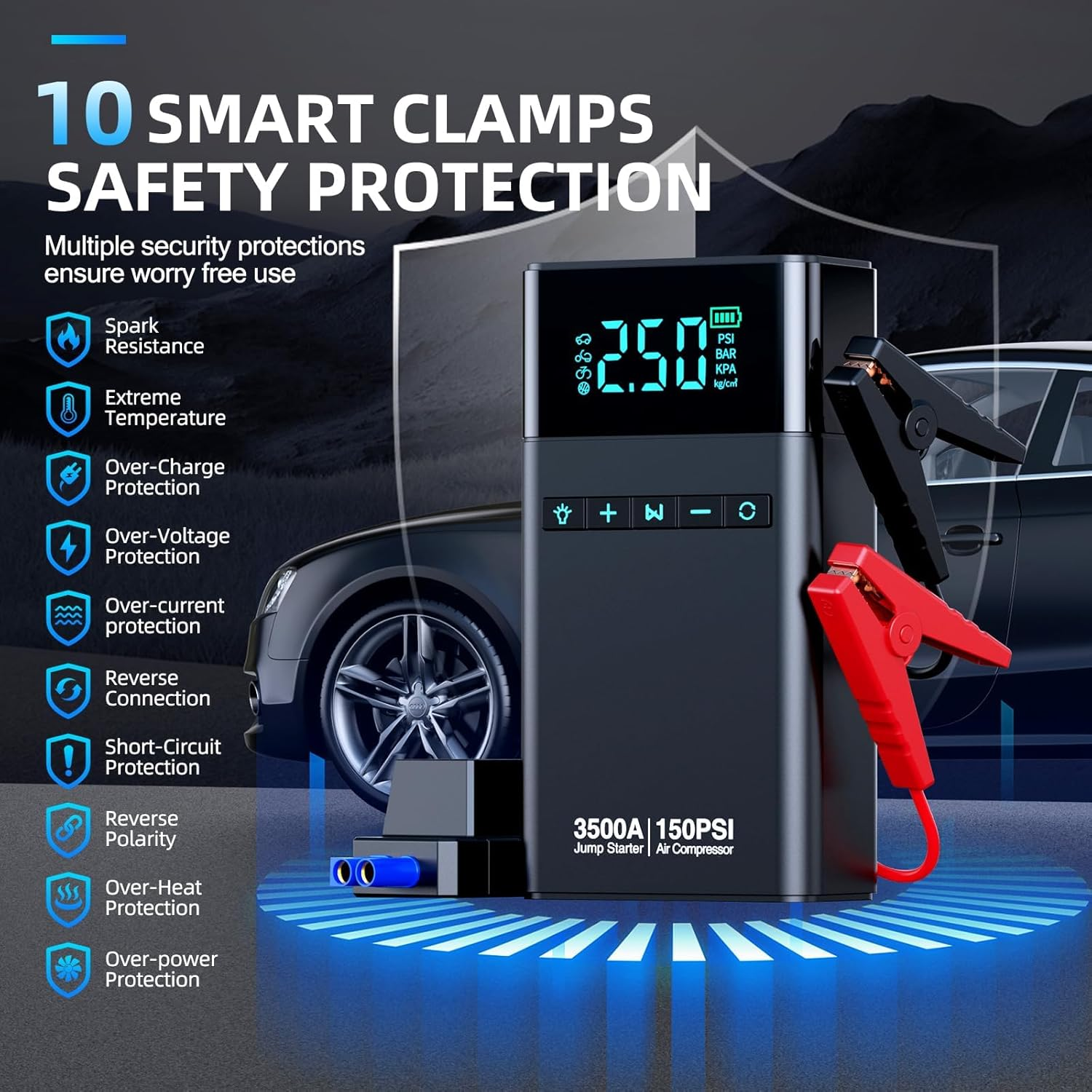 Koeay Portable Car Jump Starter with Air Compressor, 3500A 150PSI Car Battery Jump Starter Battery Pack (All Gas/10L Diesel), 12V Car Jump Box Car Battery Jumper Starter, Large LCD Display, 2 Lights image number 3