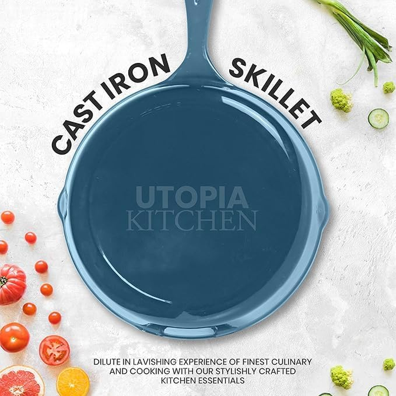 Utopia Kitchen Enameled Cast Iron Skillet Set 3-Piece - 6 Inch, 8 Inch and 10 Cookware Set- Pan for Outdoor Camping, Oven Use & Stovetop Teal UK0224 image number 1