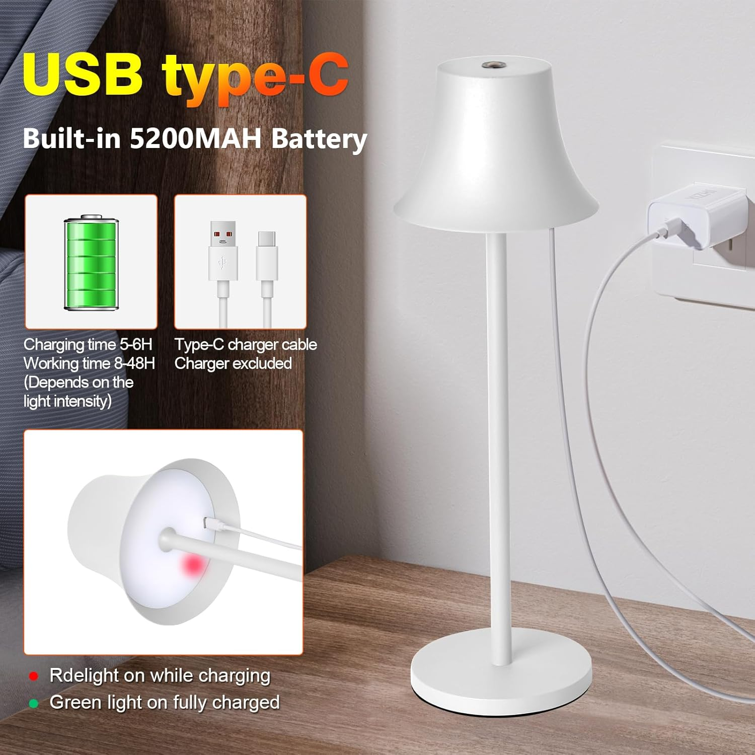 LED Table Lamp, Dimmable LED Battery Table Lamp Wireless, with 4000 Mah Battery, Rechargeable Table Lamp with USB, 3 Light Modes for Bedroom, Living Room, Dining Room, Bar, White Mini - Pack Of 1, White image number 4