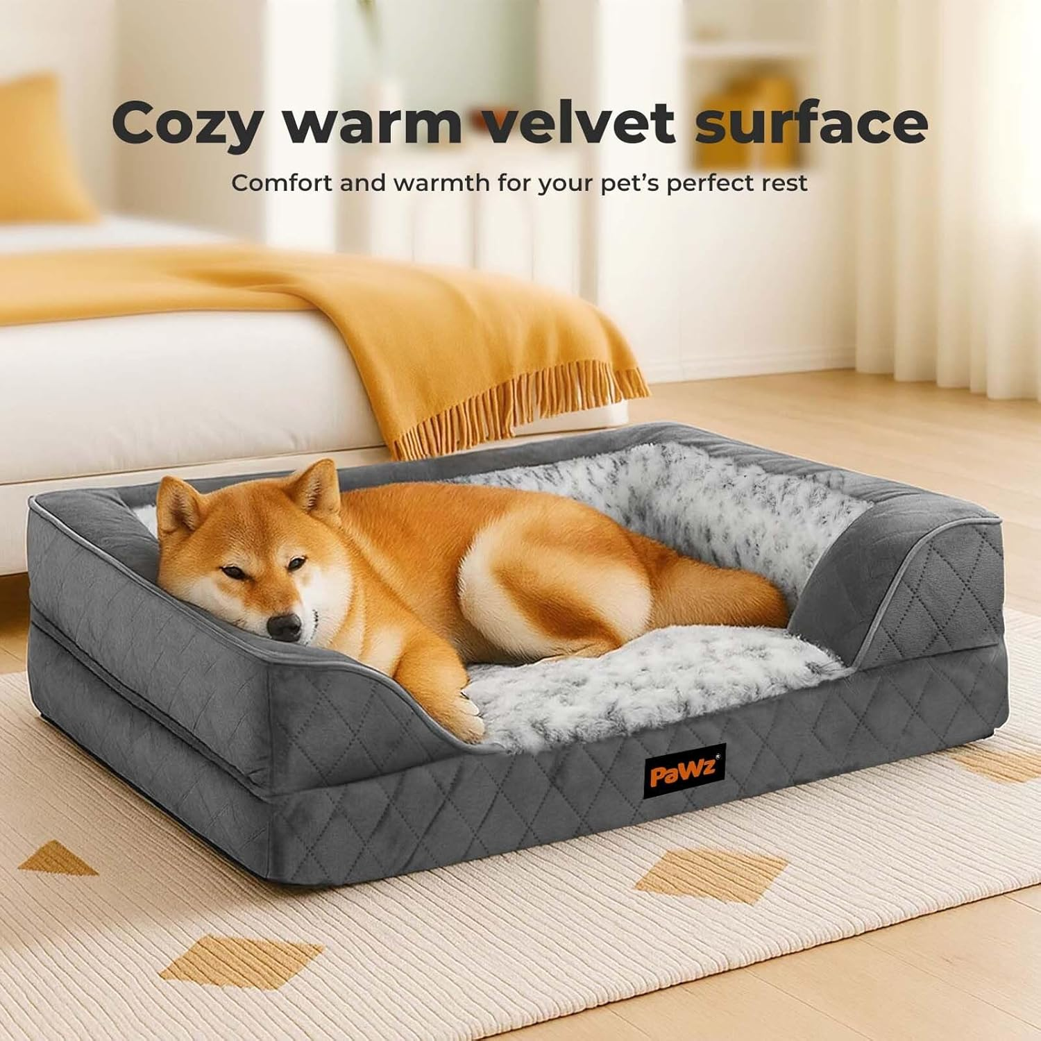Pawz Orthopedic Dog Bed for Extra Large Dogs,Rectangle Pet Bed with Supportive Foam Bolster Couch, Durable Dog Bed Sofa,Washable Dog Bed with Removable Cover,Waterproof Lining